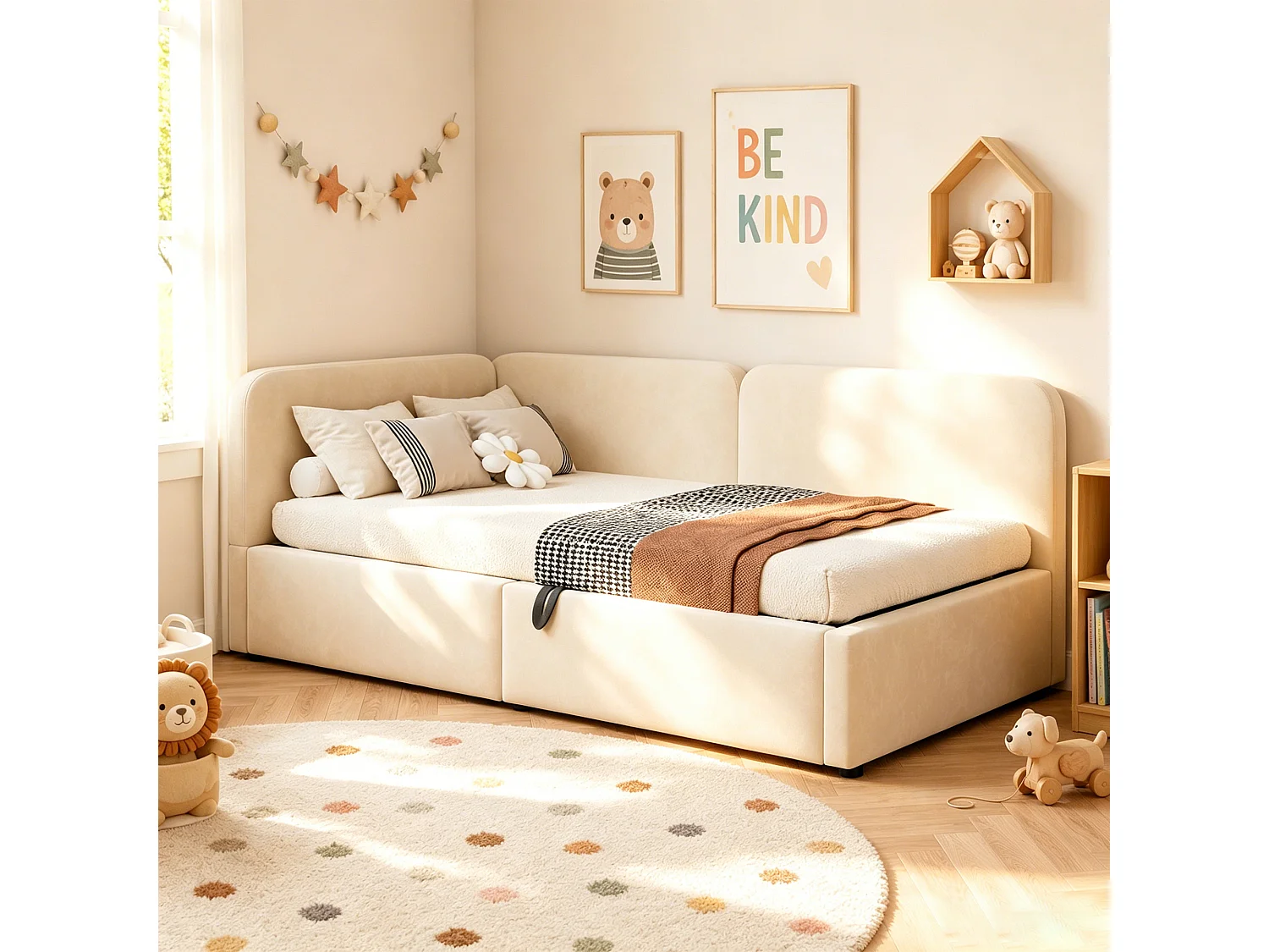 Lit banquette 90x200 cm, coffre hydraulique, daybed avec rangement, tête de lit haute, gain de place, beige, velours
