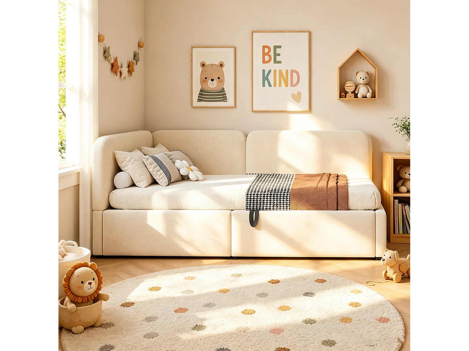 Lit banquette 90x200 cm, coffre hydraulique, daybed avec rangement, tête de lit haute, gain de place, beige, velours