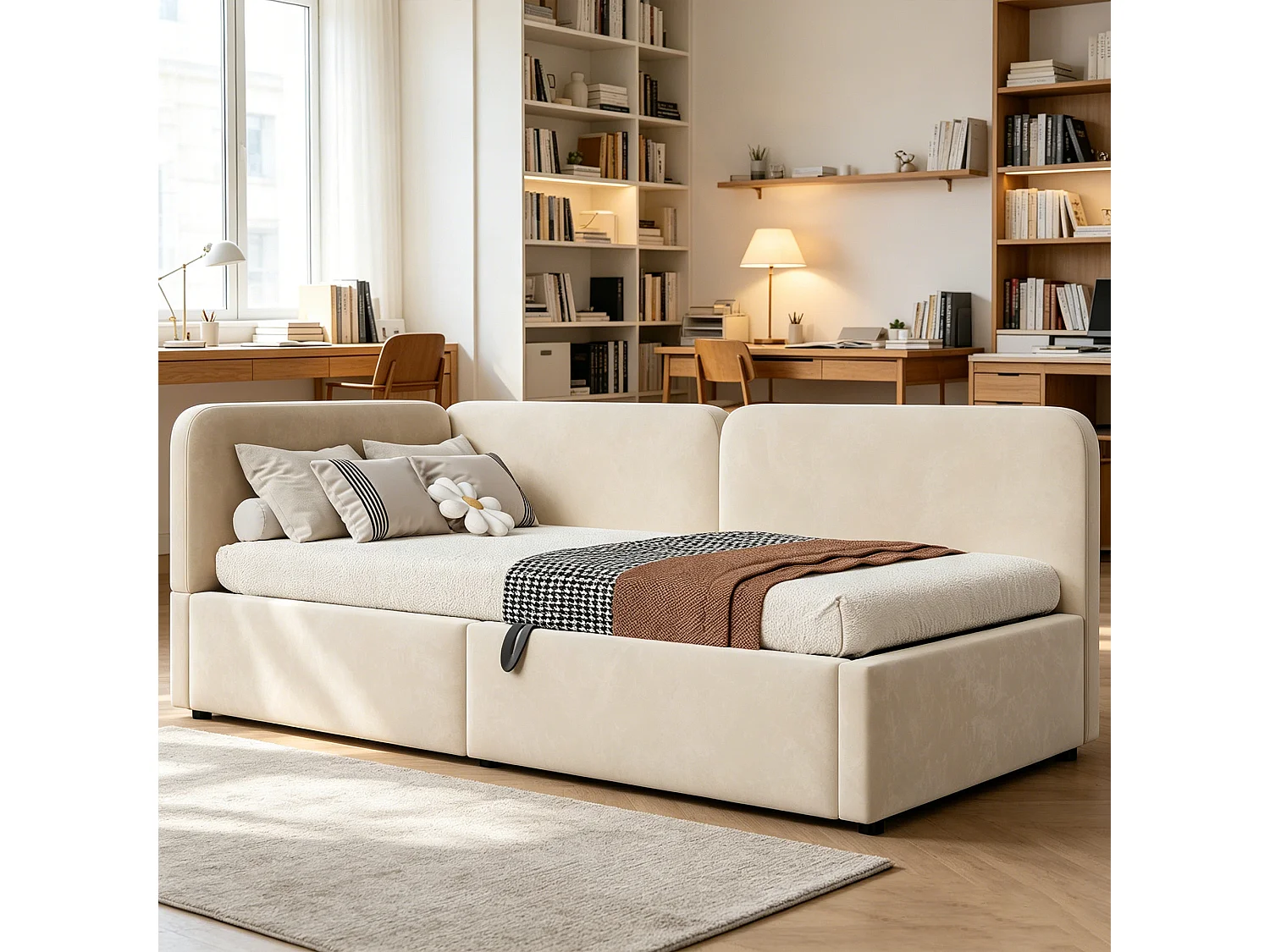 Lit banquette 90x200 cm, coffre hydraulique, daybed avec rangement, tête de lit haute, gain de place, beige, velours
