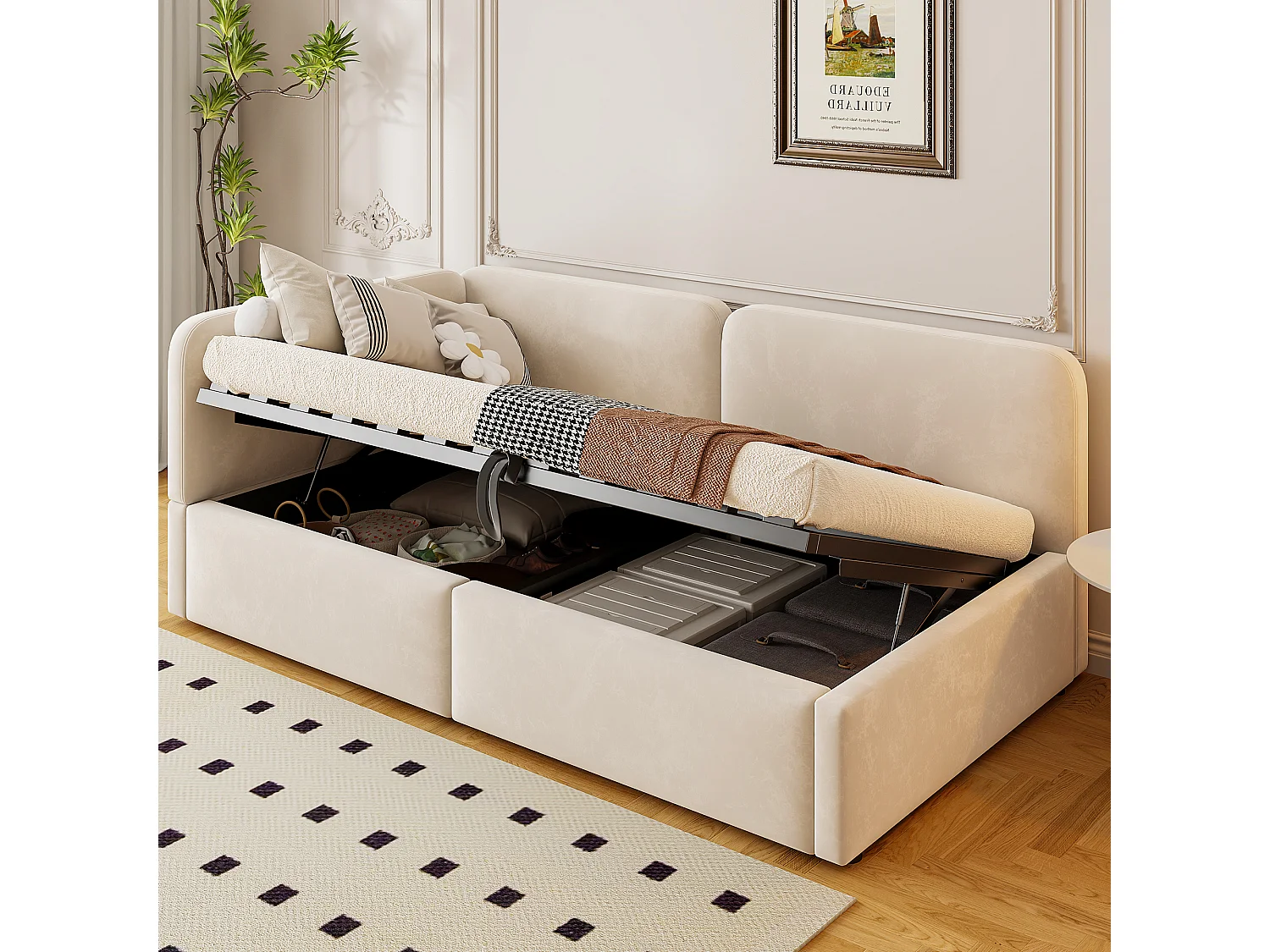 Lit banquette 90x200 cm, coffre hydraulique, daybed avec rangement, tête de lit haute, gain de place, beige, velours