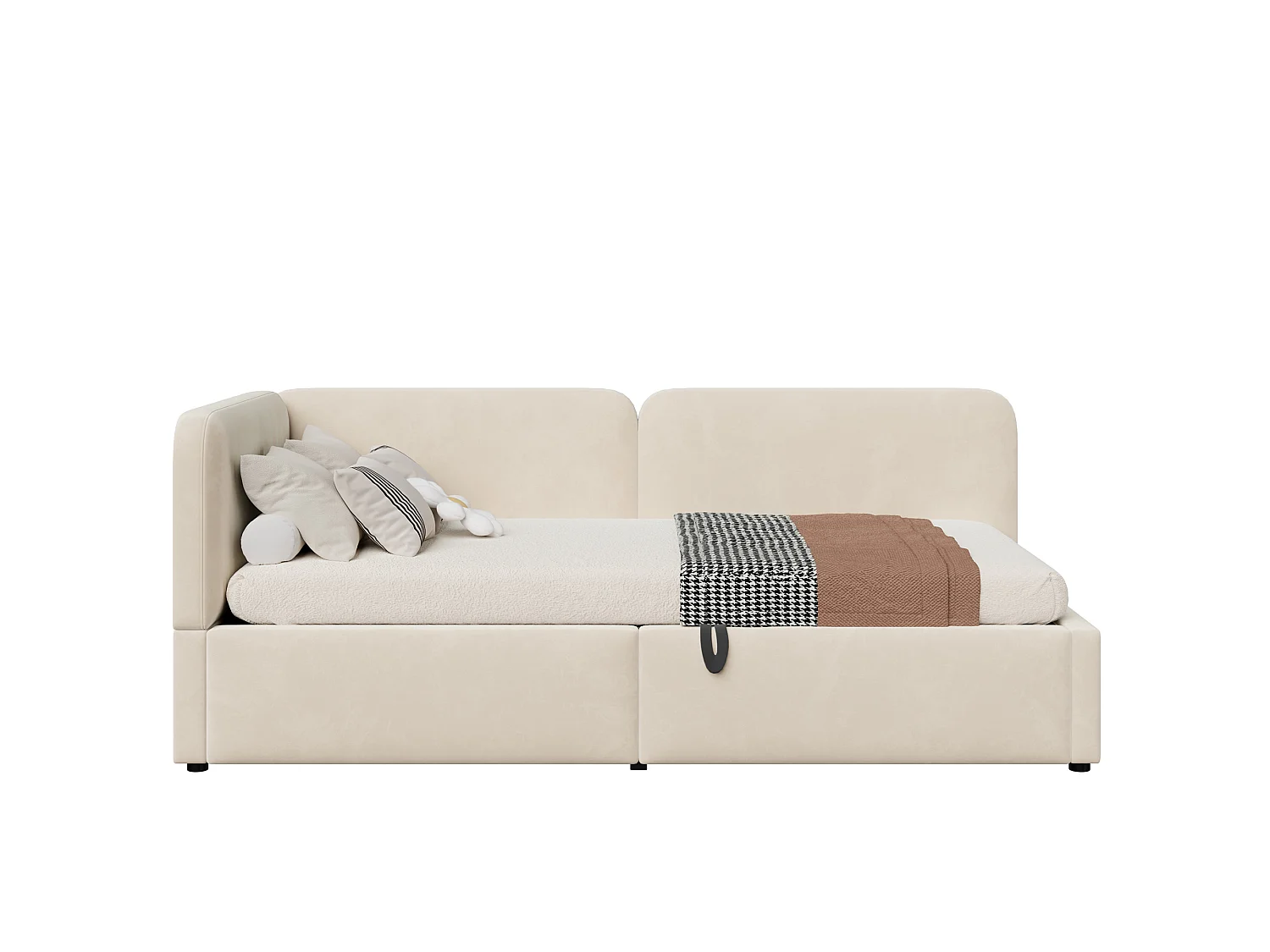 Lit banquette 90x200 cm, coffre hydraulique, daybed avec rangement, tête de lit haute, gain de place, beige, velours