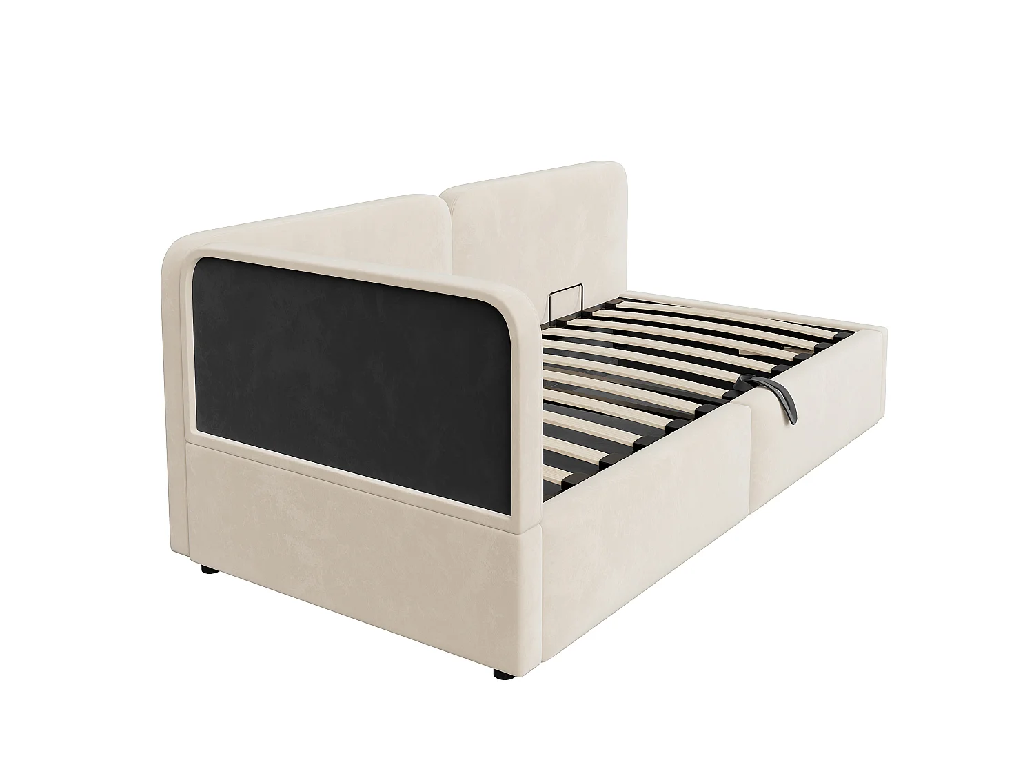 Lit banquette 90x200 cm, coffre hydraulique, daybed avec rangement, tête de lit haute, gain de place, beige, velours