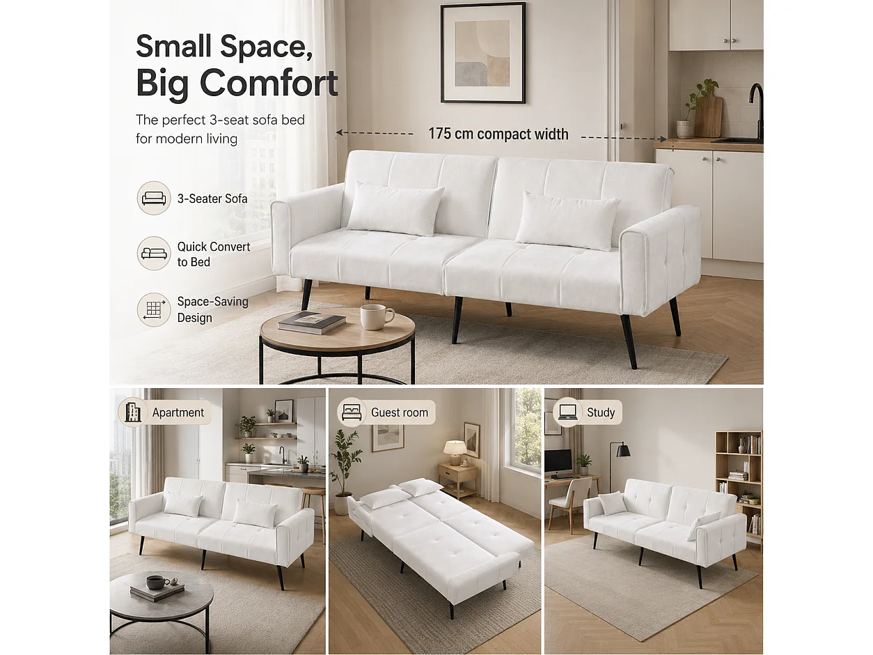 Canapé convertible futon 3 places 175x71x71 cm, couchage d’appoint, Canapé-lit, salon, beige, tissu