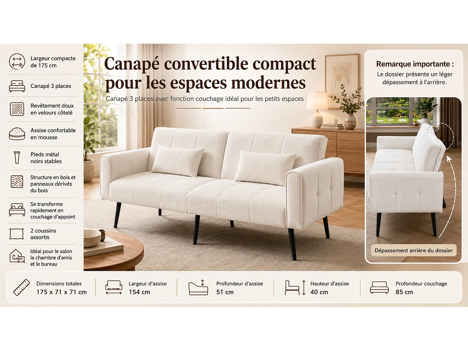 Canapé convertible futon 3 places 175x71x71 cm, couchage d’appoint, Canapé-lit, salon, beige, tissu
