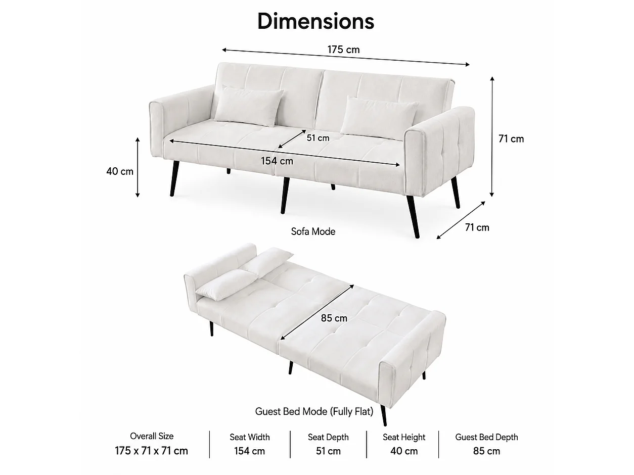 Canapé convertible futon 3 places 175x71x71 cm, couchage d’appoint, Canapé-lit, salon, beige, tissu
