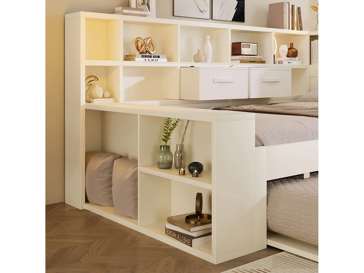 Lit banquette en bois 90x200 cm, USB/Type-C, lit gigogne, rangements 3 côtés, enfant ado, daybed, sans matelas, blanc