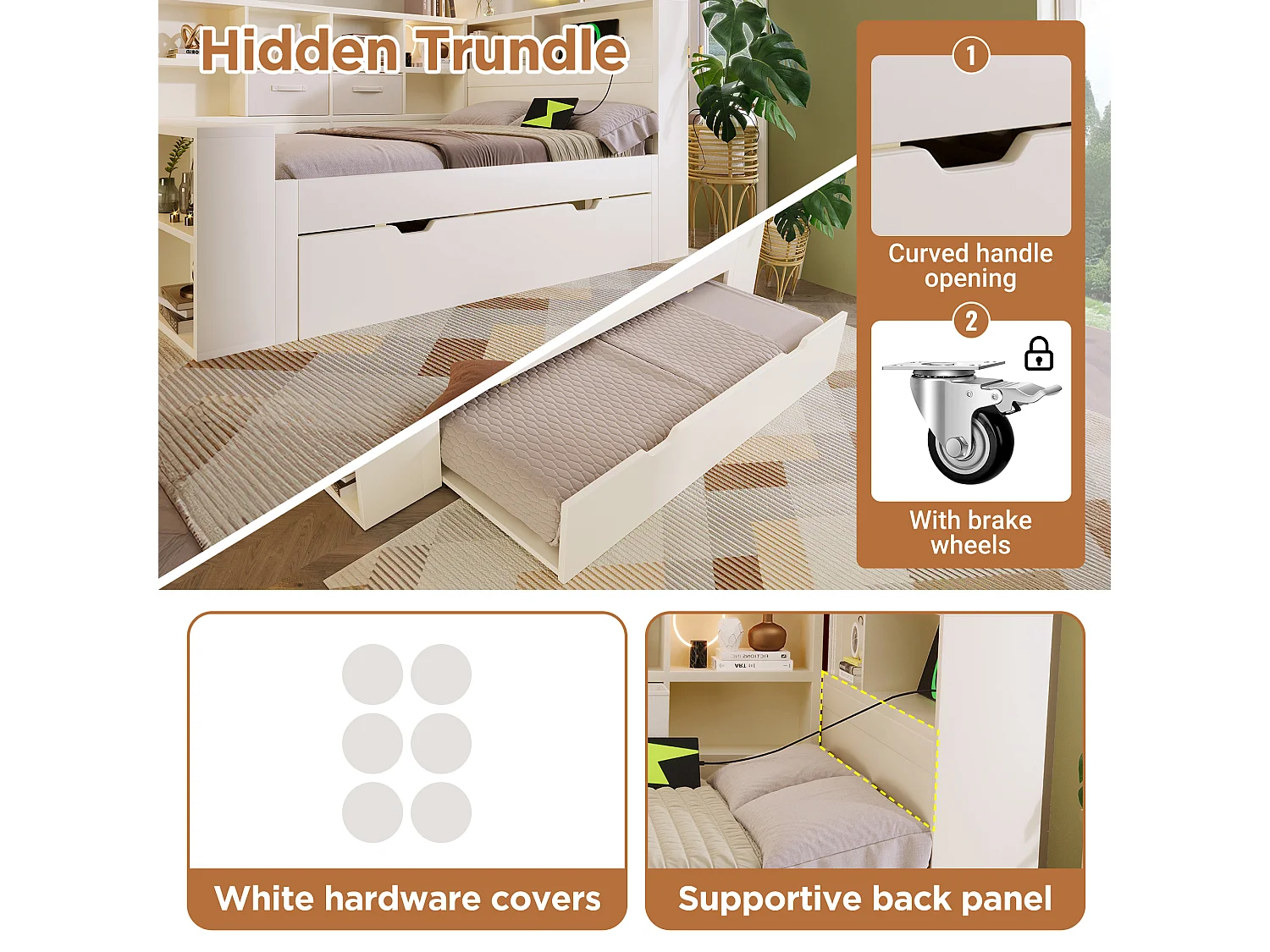 Lit banquette en bois 90x200 cm, USB/Type-C, lit gigogne, rangements 3 côtés, enfant ado, daybed, sans matelas, blanc