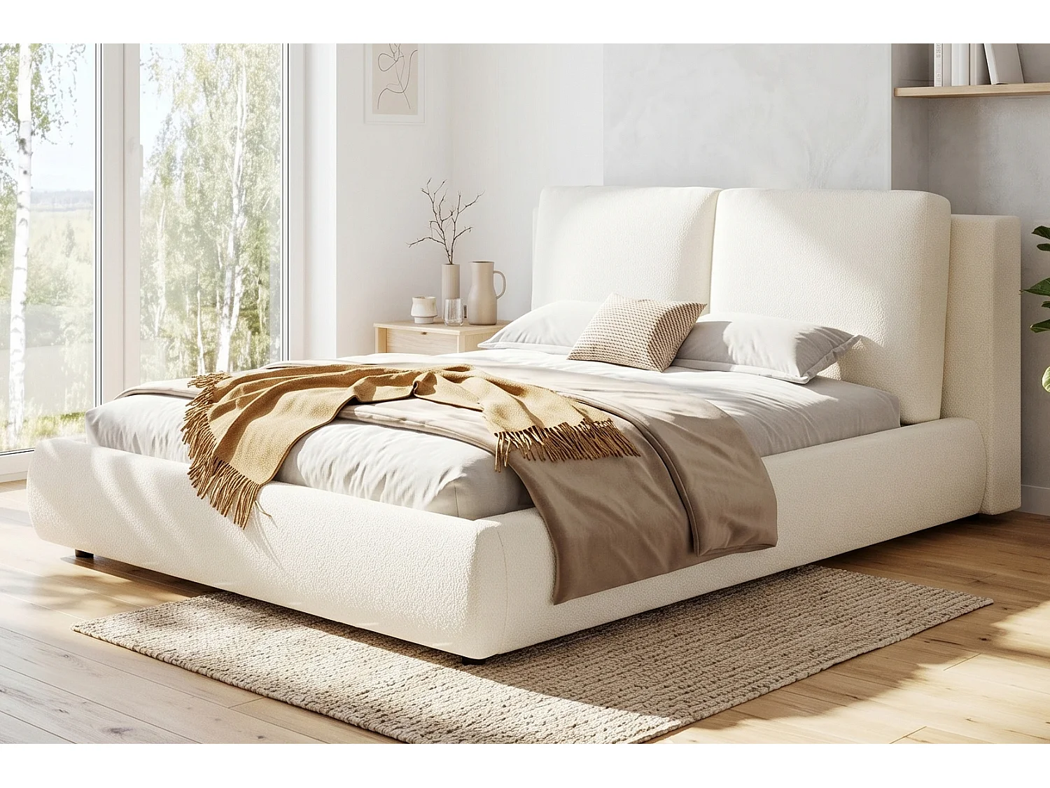 Lit double rembourré 180x200 cm, sommier à lattes, tête de lit capitonnée, beige, bouclé
