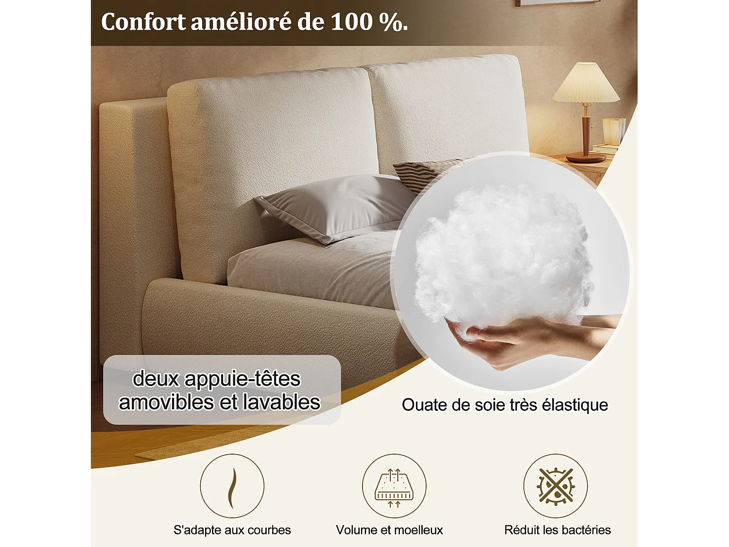 Lit double rembourré 180x200 cm, sommier à lattes, tête de lit capitonnée, beige, bouclé
