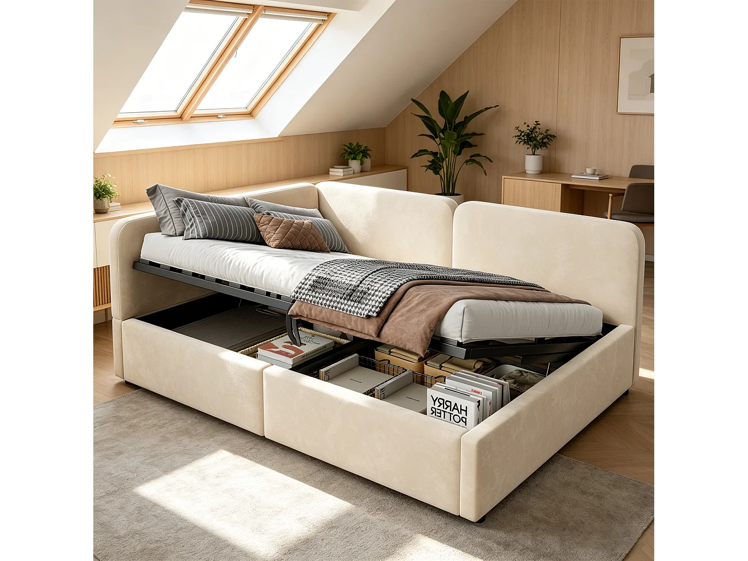 Lit banquette 140x200 cm, coffre hydraulique, daybed avec rangement, tête de lit haute, gain de place, beige, velours