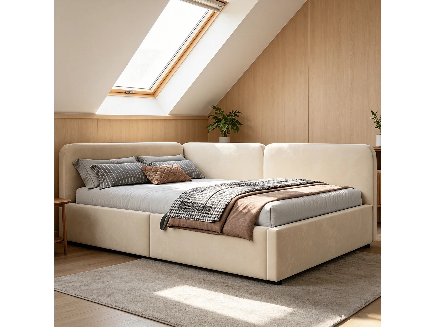 Lit banquette 140x200 cm, coffre hydraulique, daybed avec rangement, tête de lit haute, gain de place, beige, velours