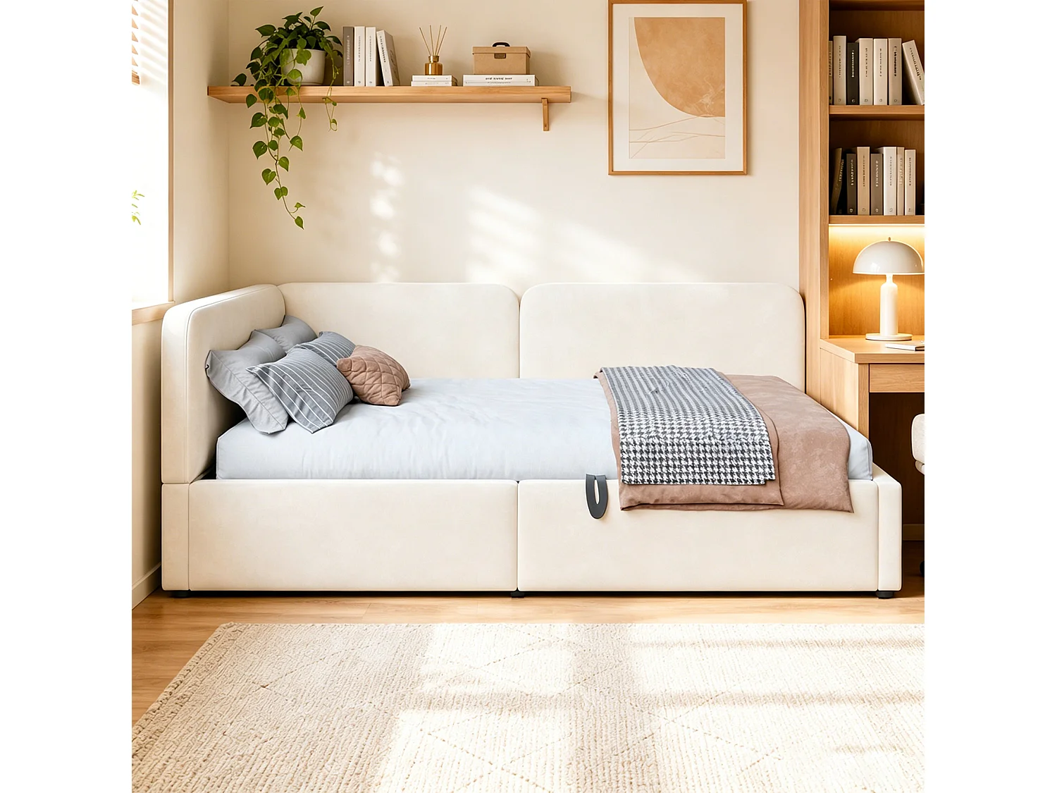 Lit banquette 140x200 cm, coffre hydraulique, daybed avec rangement, tête de lit haute, gain de place, beige, velours
