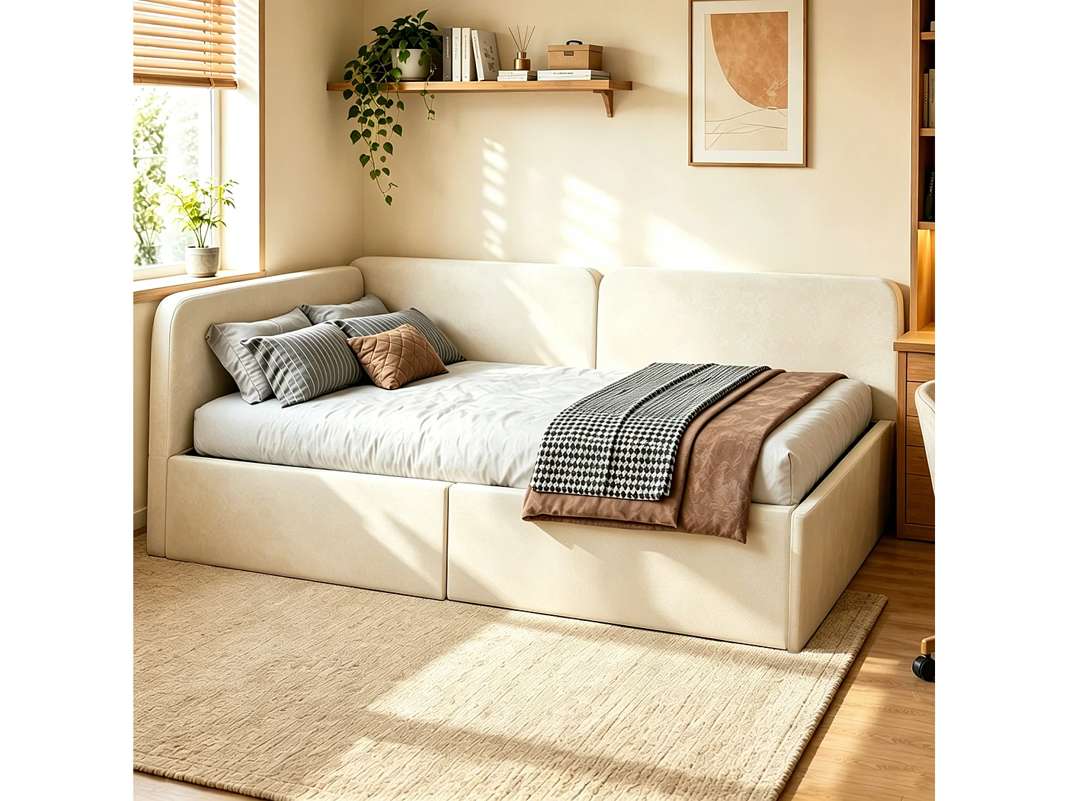 Lit banquette 140x200 cm, coffre hydraulique, daybed avec rangement, tête de lit haute, gain de place, beige, velours