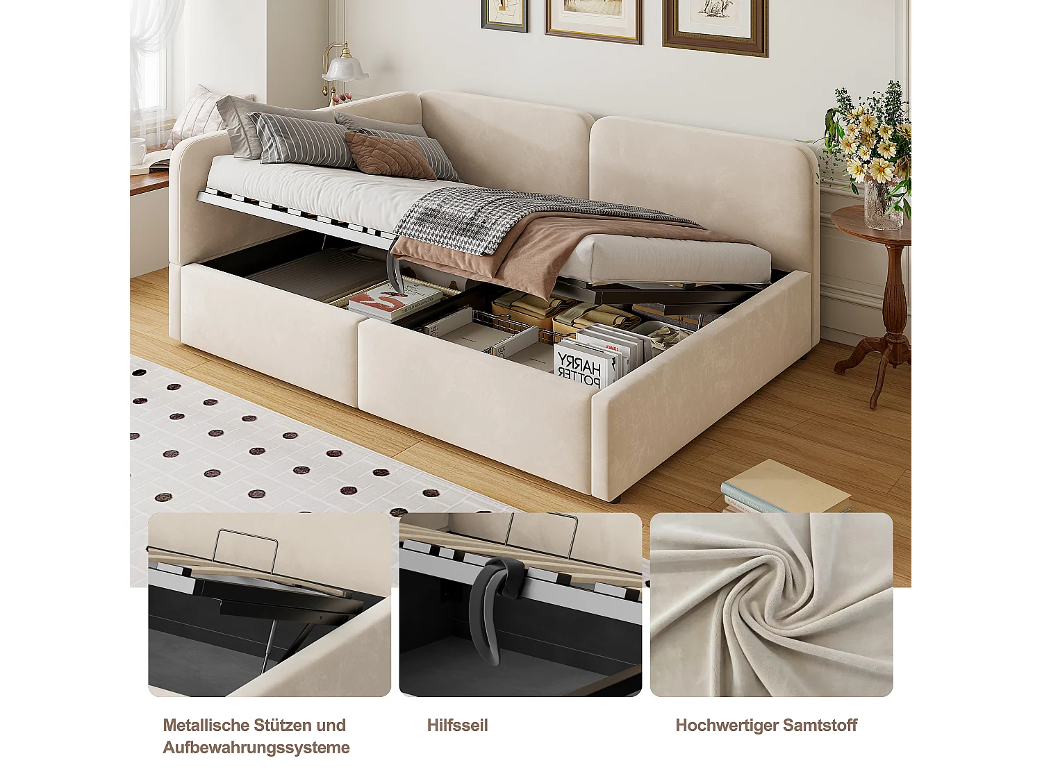 Lit banquette 140x200 cm, coffre hydraulique, daybed avec rangement, tête de lit haute, gain de place, beige, velours