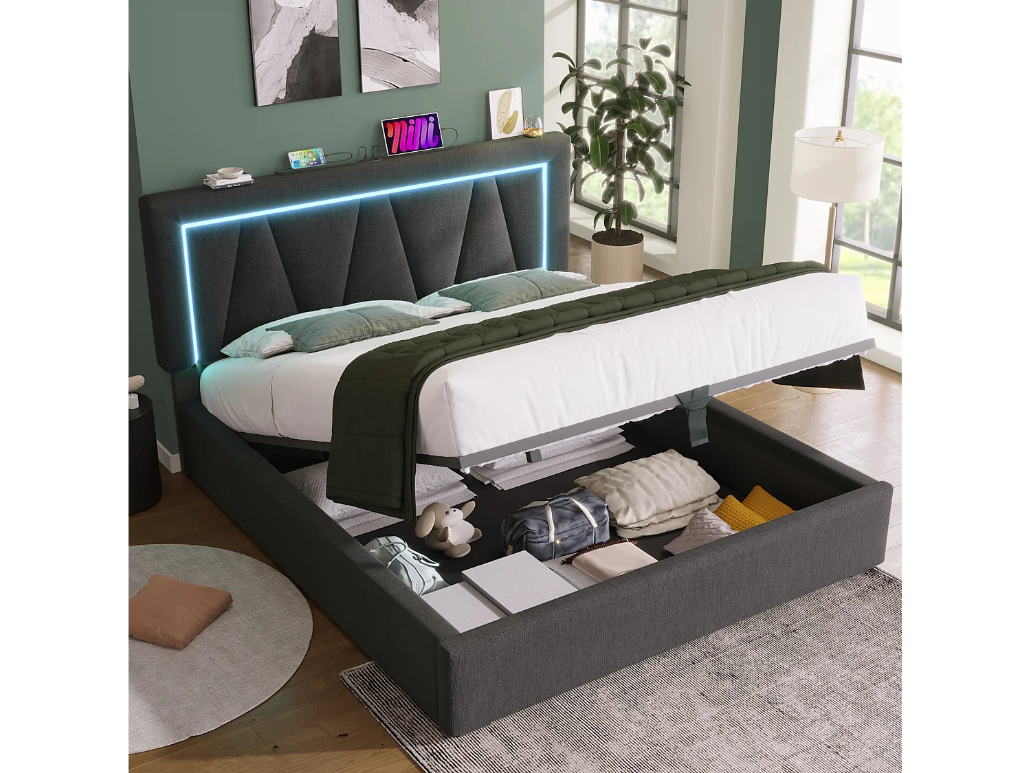 Lit coffre rembourré 160x200 cm, LED, ports USB et Type-C, lit double, rangement, sommier à lattes, sans matelas, gris, tissu lin