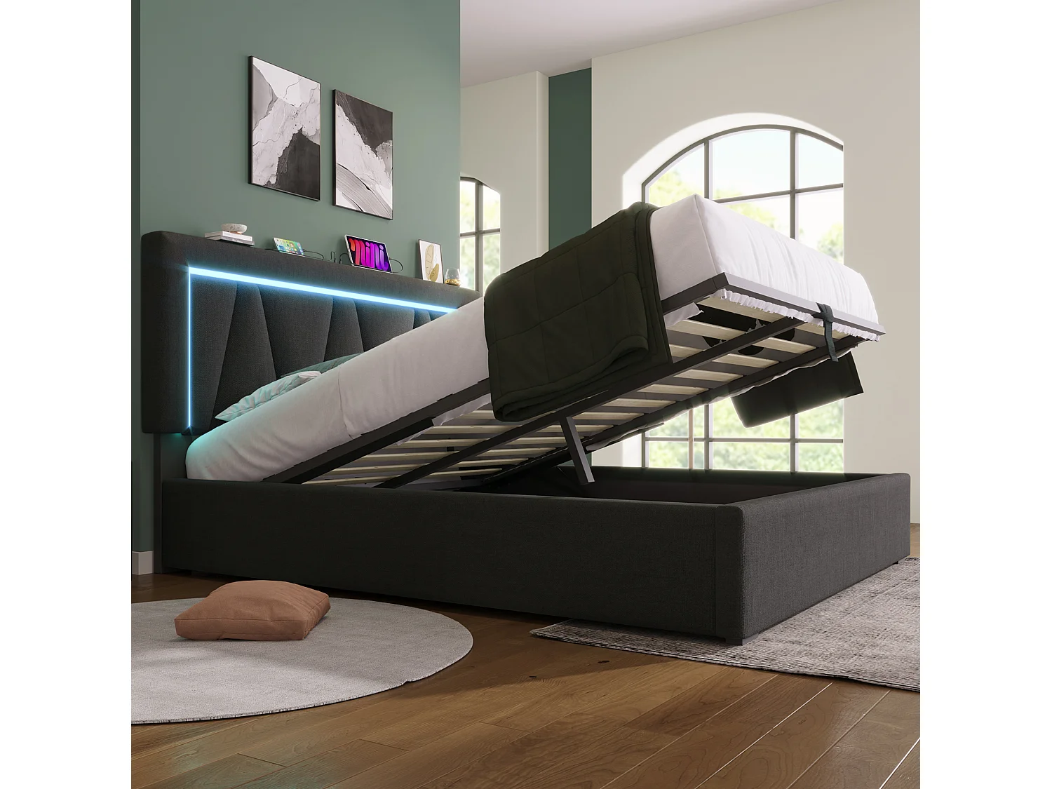 Lit coffre rembourré 160x200 cm, LED, ports USB et Type-C, lit double, rangement, sommier à lattes, sans matelas, gris, tissu lin