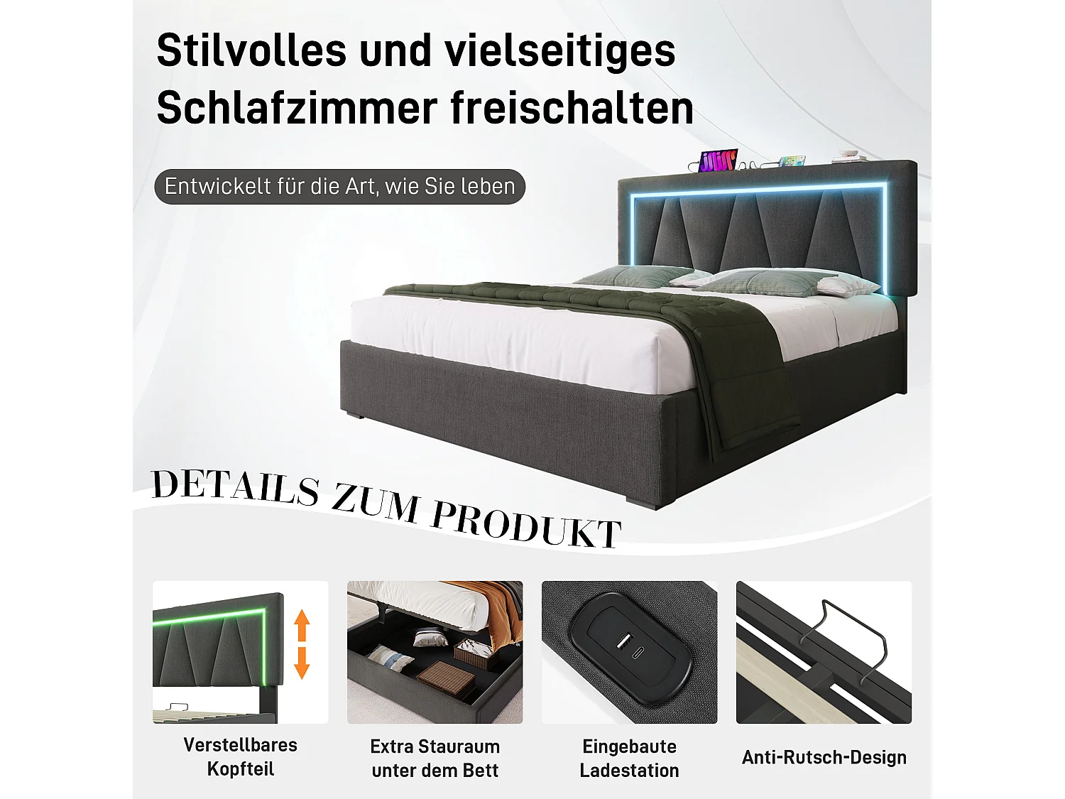 Lit coffre rembourré 160x200 cm, LED, ports USB et Type-C, lit double, rangement, sommier à lattes, sans matelas, gris, tissu lin