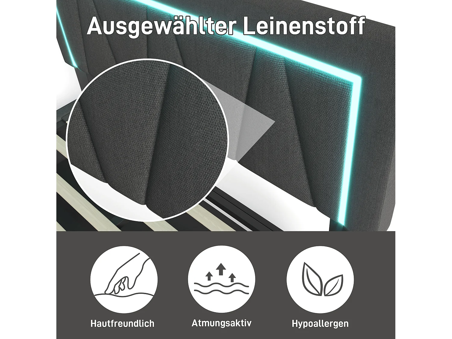 Lit coffre rembourré 160x200 cm, LED, ports USB et Type-C, lit double, rangement, sommier à lattes, sans matelas, gris, tissu lin
