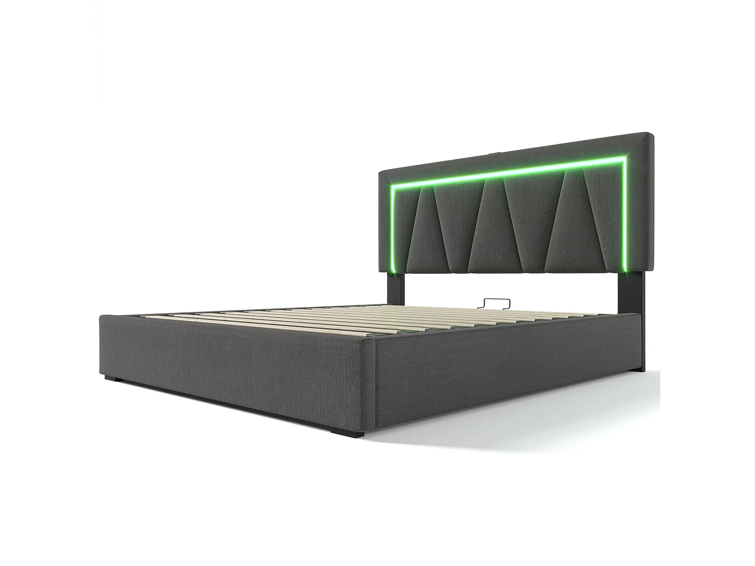 Lit coffre rembourré 160x200 cm, LED, ports USB et Type-C, lit double, rangement, sommier à lattes, sans matelas, gris, tissu lin