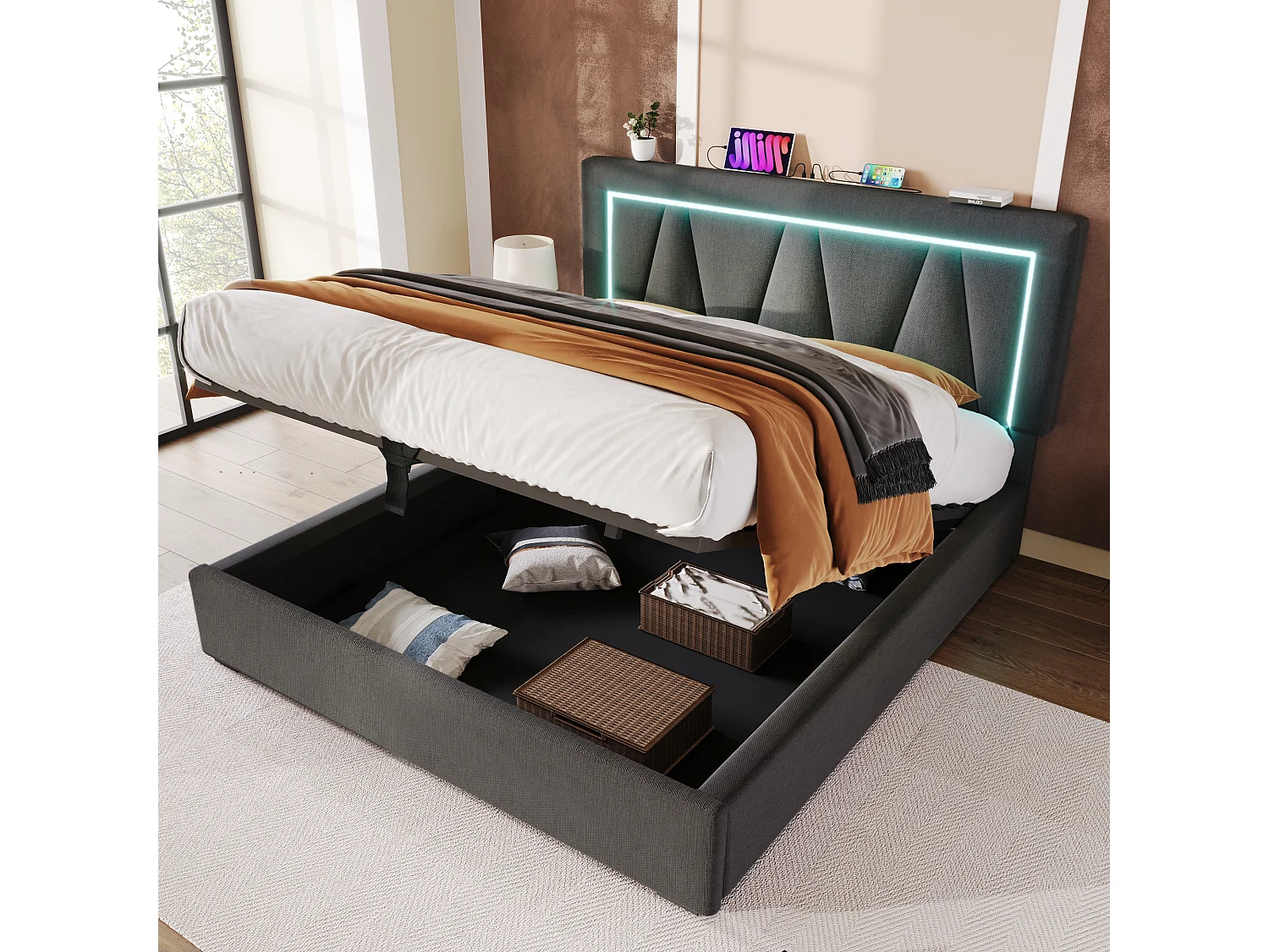 Lit coffre rembourré 160x200 cm, LED, ports USB et Type-C, lit double, rangement, sommier à lattes, sans matelas, gris, tissu lin