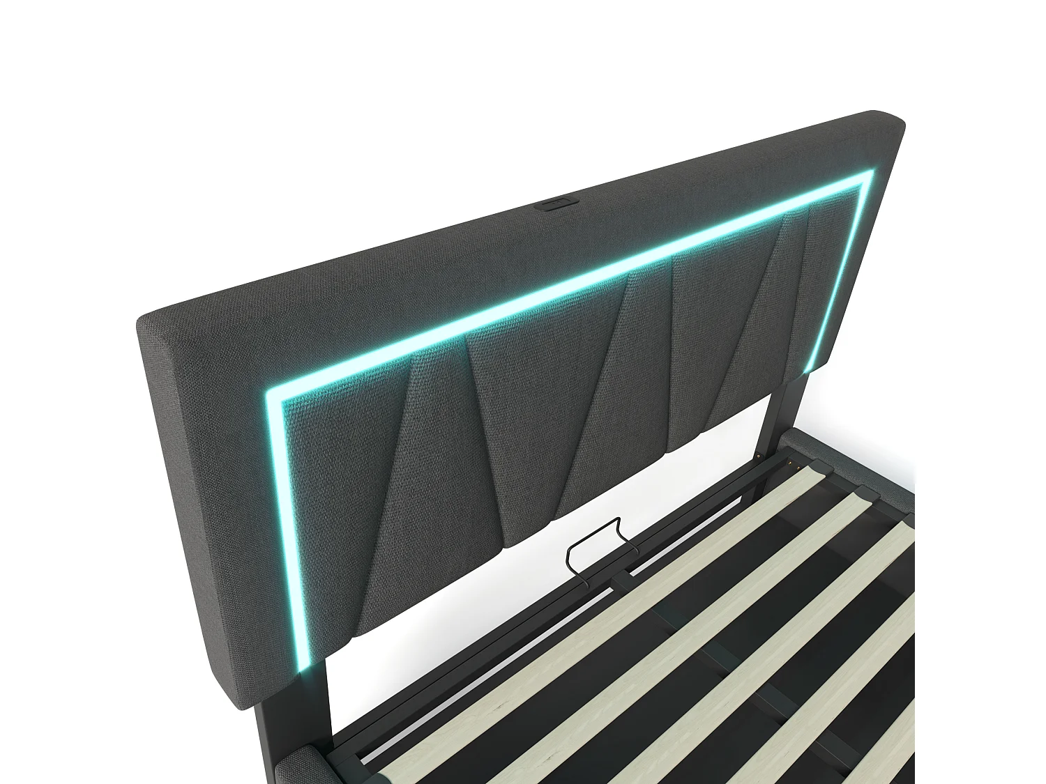 Lit coffre rembourré 160x200 cm, LED, ports USB et Type-C, lit double, rangement, sommier à lattes, sans matelas, gris, tissu lin