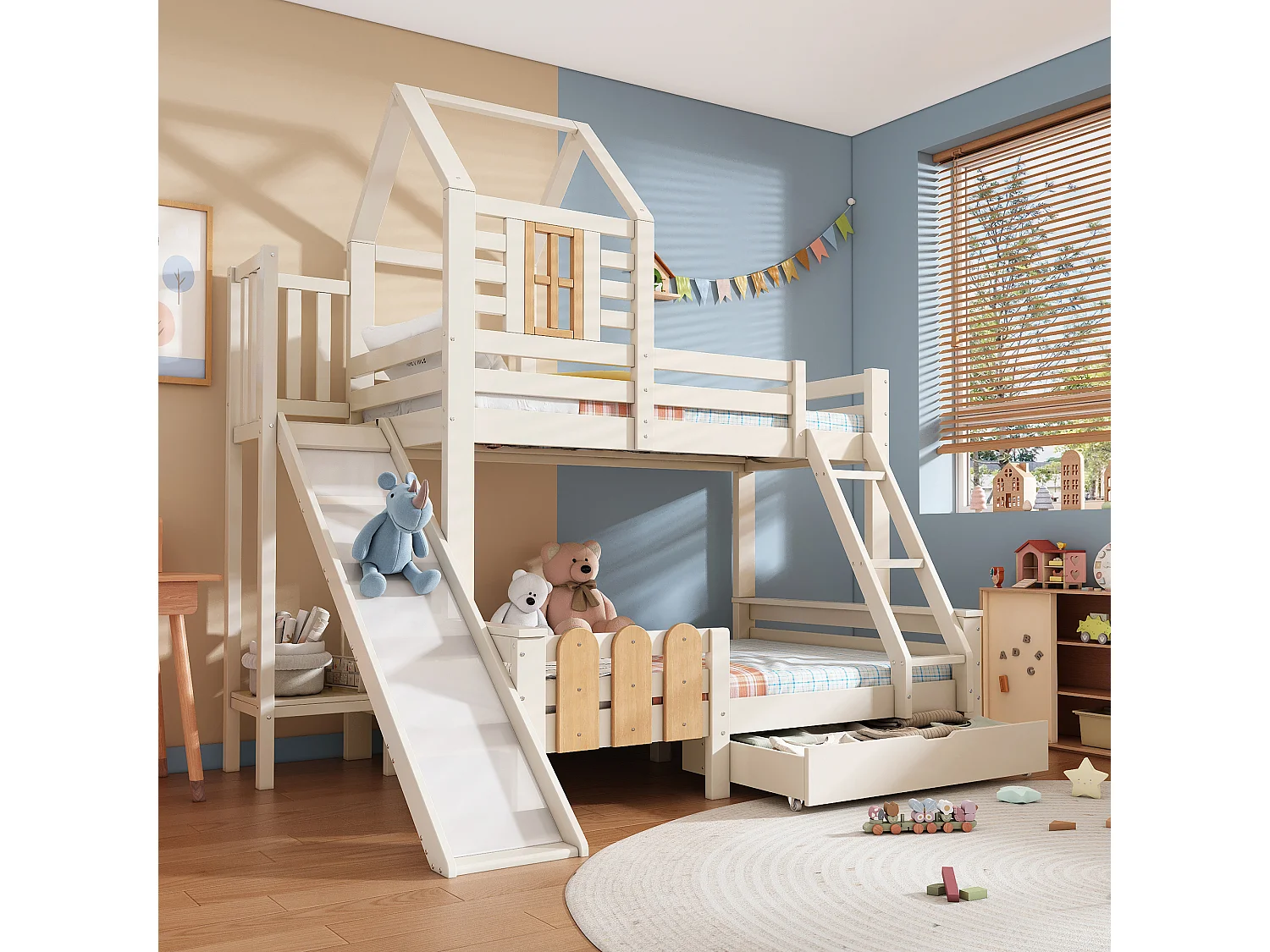 Lit superposé cabane 90x200/140x200 cm, lit enfant avec toboggan, tiroir, échelle, sommier, EN747-1:2024, blanc, métal et bois