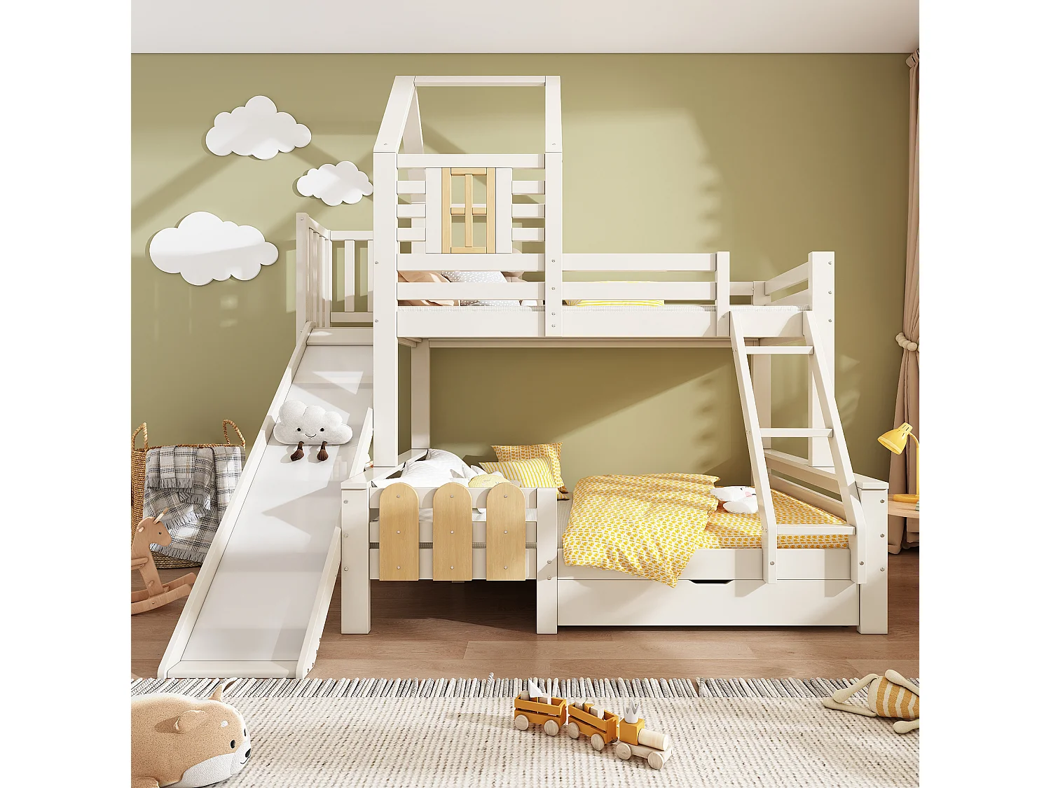Lit superposé cabane 90x200/140x200 cm, lit enfant avec toboggan, tiroir, échelle, sommier, EN747-1:2024, blanc, métal et bois