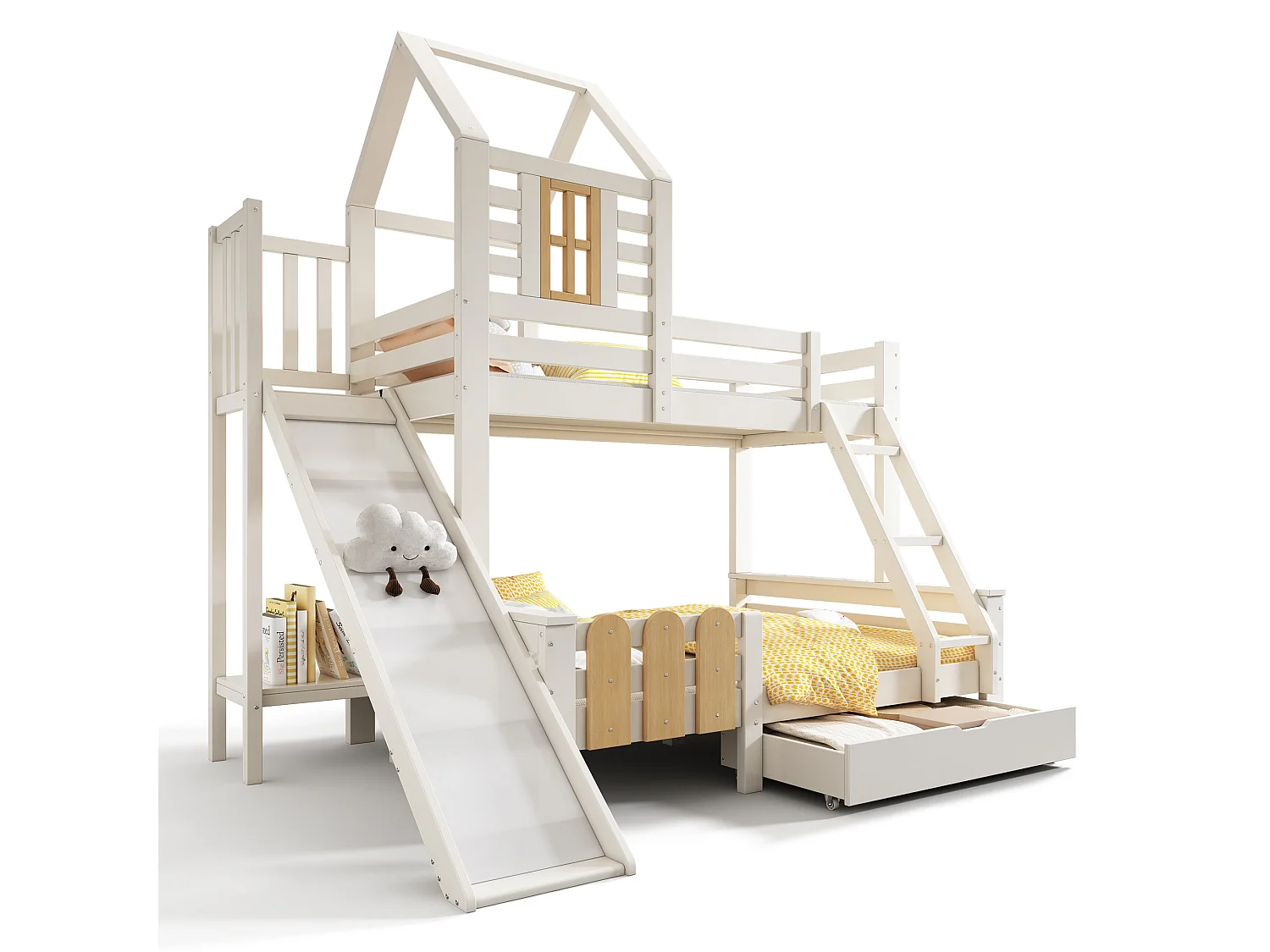 Lit superposé cabane 90x200/140x200 cm, lit enfant avec toboggan, tiroir, échelle, sommier, EN747-1:2024, blanc, métal et bois