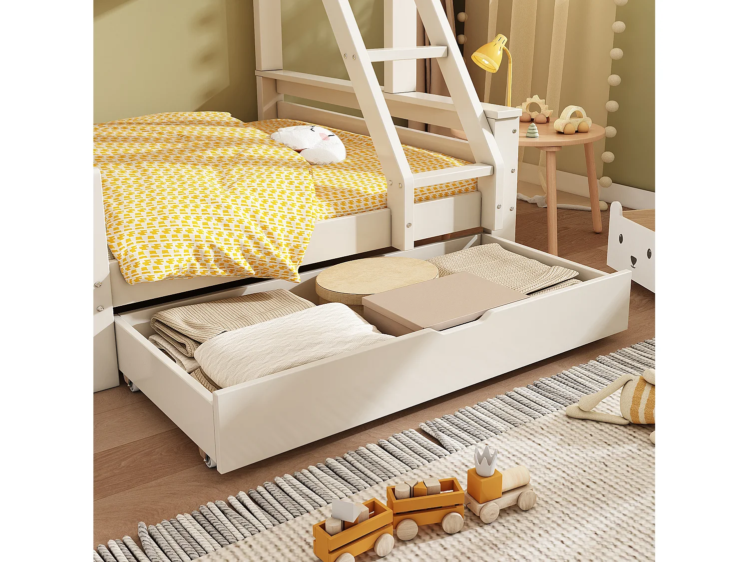 Lit superposé cabane 90x200/140x200 cm, lit enfant avec toboggan, tiroir, échelle, sommier, EN747-1:2024, blanc, métal et bois
