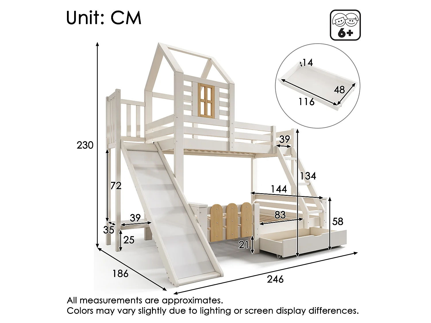 Lit superposé cabane 90x200/140x200 cm, lit enfant avec toboggan, tiroir, échelle, sommier, EN747-1:2024, blanc, métal et bois