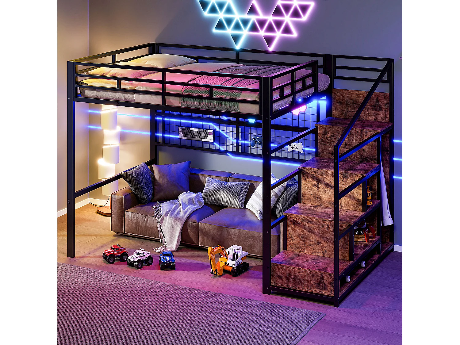 Lit Mezzanine 140x200 cm Cadre en Fer Noir avec Armoire, Échelle Rangement, Filet de Suspension, Espace Libre en Bas, LED 7 Couleurs, Sans Matelas