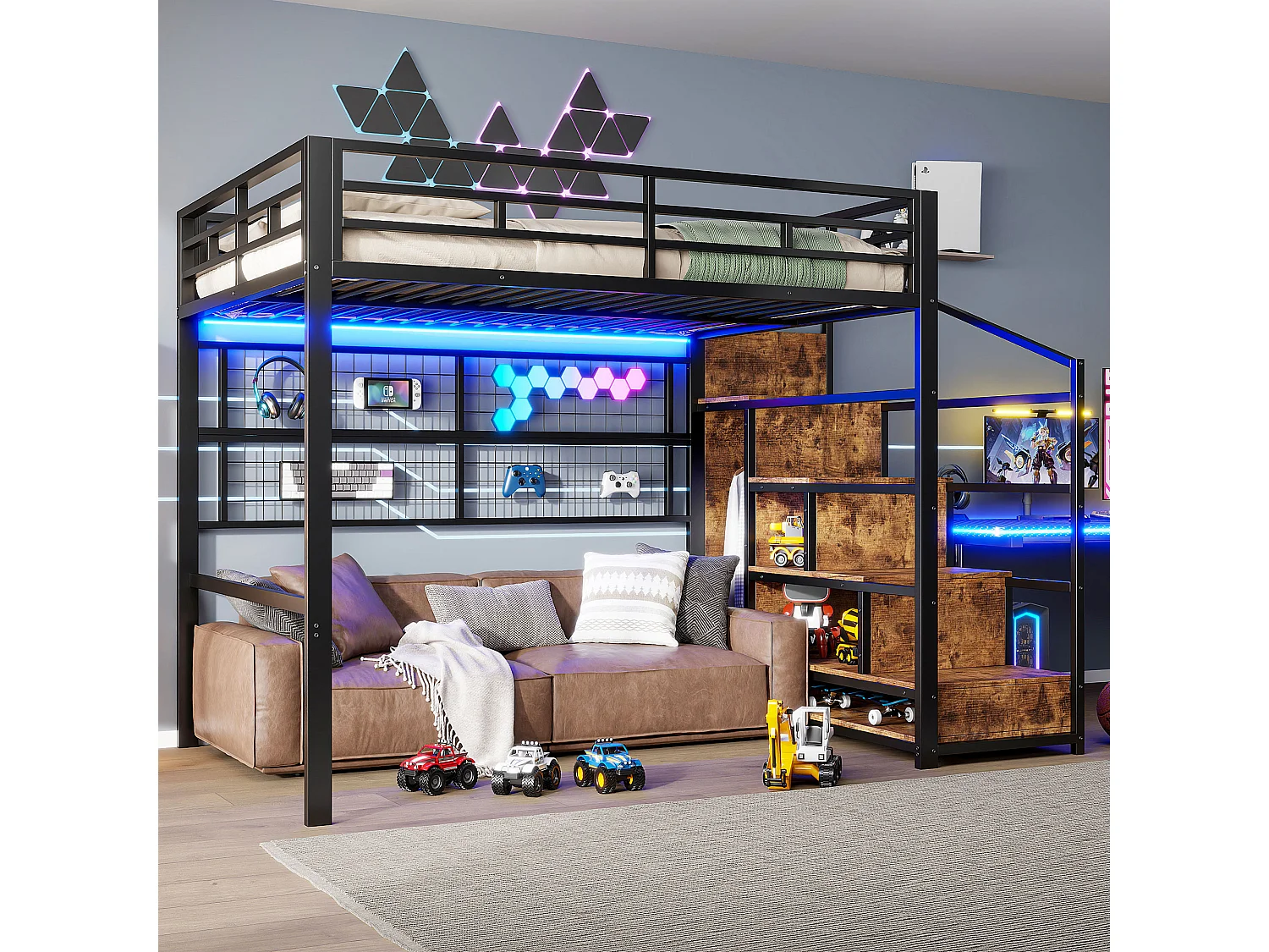Lit Mezzanine 140x200 cm Cadre en Fer Noir avec Armoire, Échelle Rangement, Filet de Suspension, Espace Libre en Bas, LED 7 Couleurs, Sans Matelas
