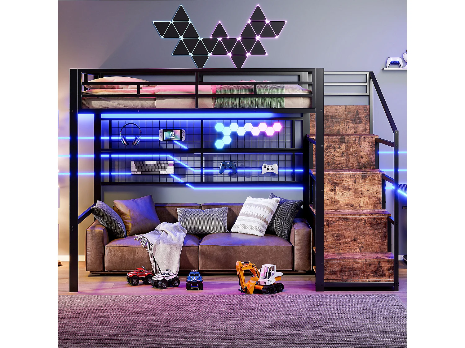 Lit Mezzanine 140x200 cm Cadre en Fer Noir avec Armoire, Échelle Rangement, Filet de Suspension, Espace Libre en Bas, LED 7 Couleurs, Sans Matelas