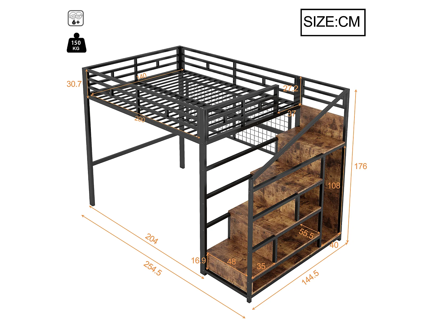 Lit Mezzanine 140x200 cm Cadre en Fer Noir avec Armoire, Échelle Rangement, Filet de Suspension, Espace Libre en Bas, LED 7 Couleurs, Sans Matelas