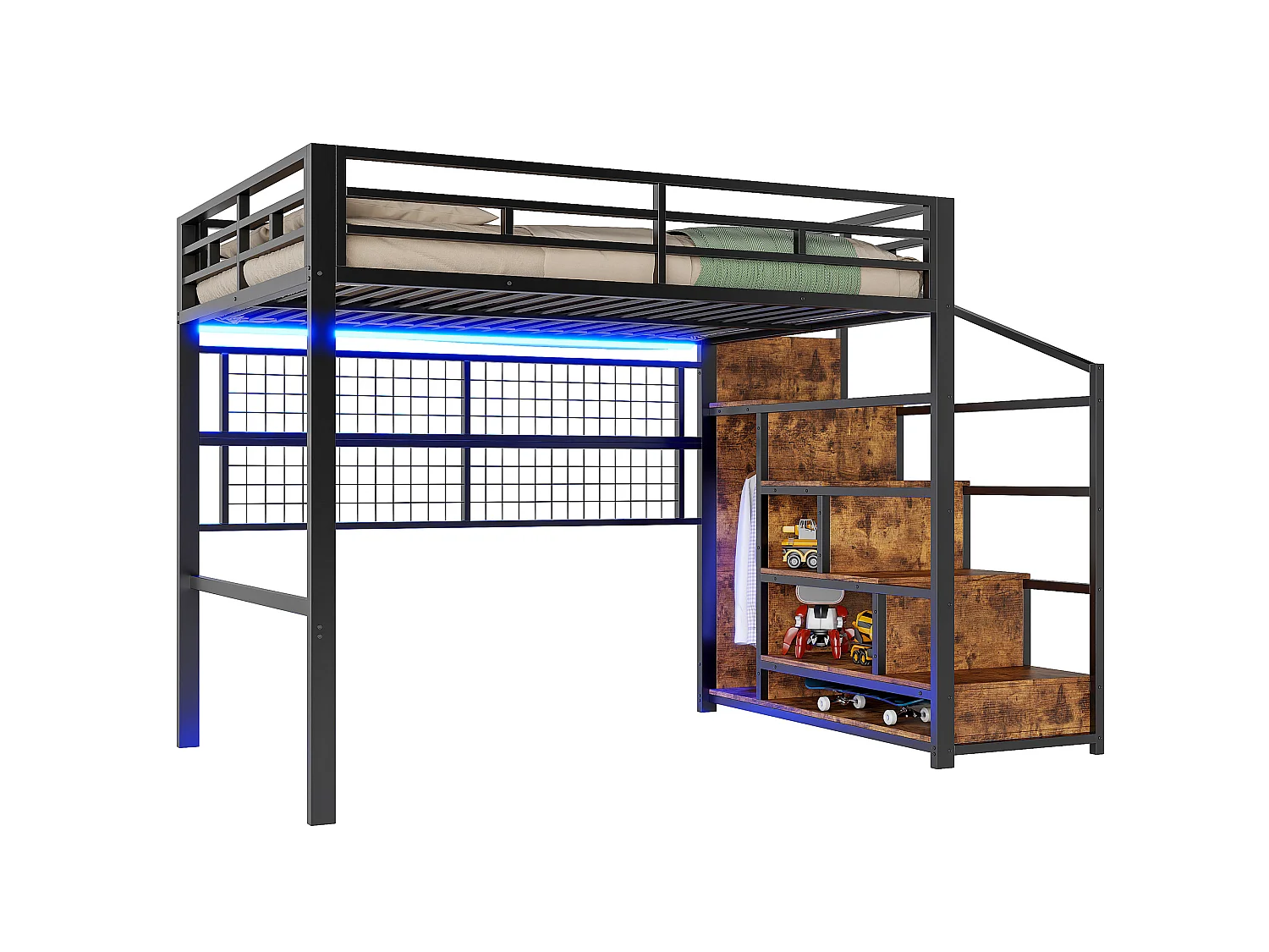 Lit Mezzanine 140x200 cm Cadre en Fer Noir avec Armoire, Échelle Rangement, Filet de Suspension, Espace Libre en Bas, LED 7 Couleurs, Sans Matelas