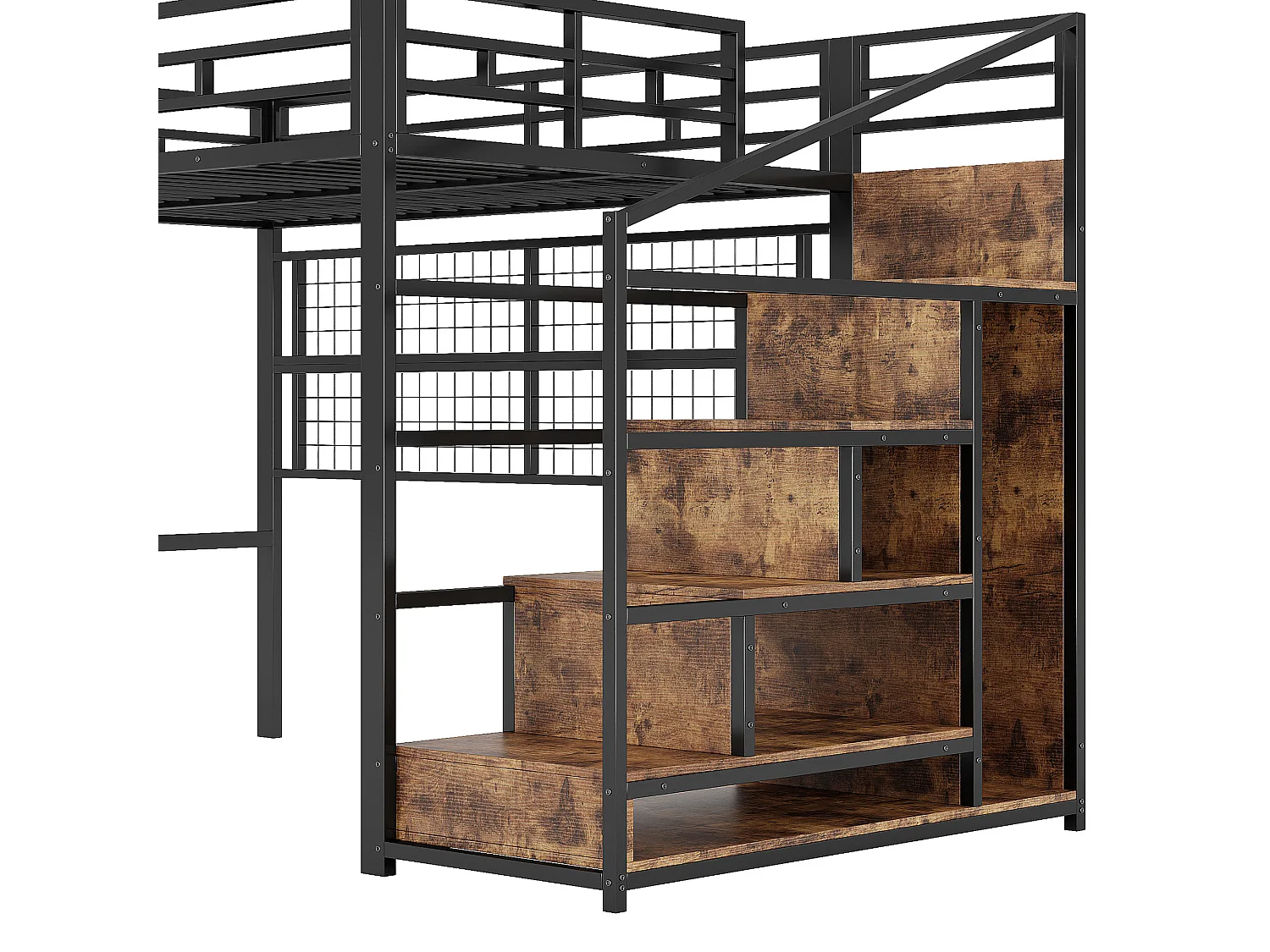 Lit Mezzanine 140x200 cm Cadre en Fer Noir avec Armoire, Échelle Rangement, Filet de Suspension, Espace Libre en Bas, LED 7 Couleurs, Sans Matelas