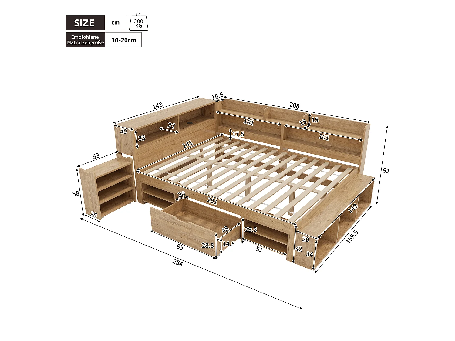 Lit enfant coffre 140x200 cm naturel avec chevet, tiroirs, étagères, placard et charge sans fil, sans matelas