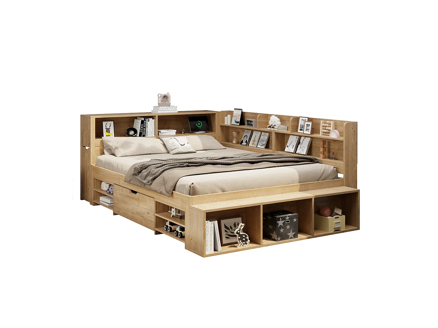 Lit enfant coffre 140x200 cm naturel avec chevet, tiroirs, étagères, placard et charge sans fil, sans matelas