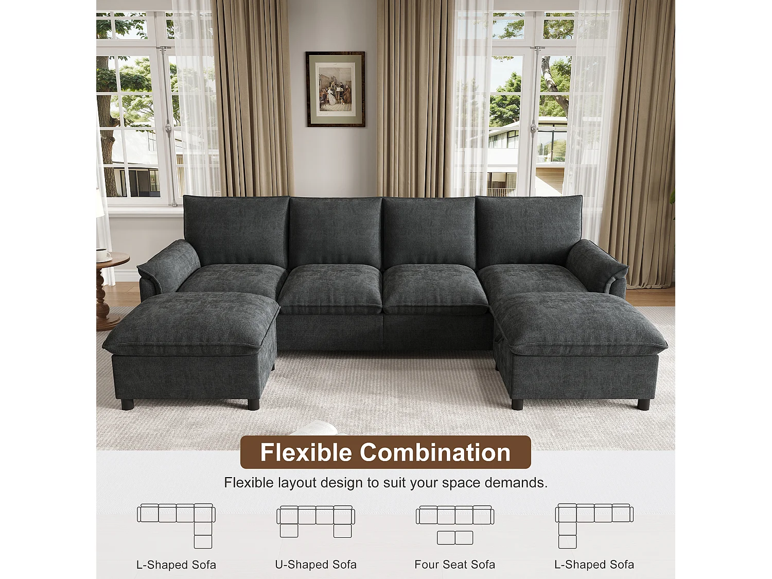 Canapé d’angle modulable en U 264,5x142,5x84 cm, 2 poufs mobiles, assise profonde, dossier haut, gris, chenille