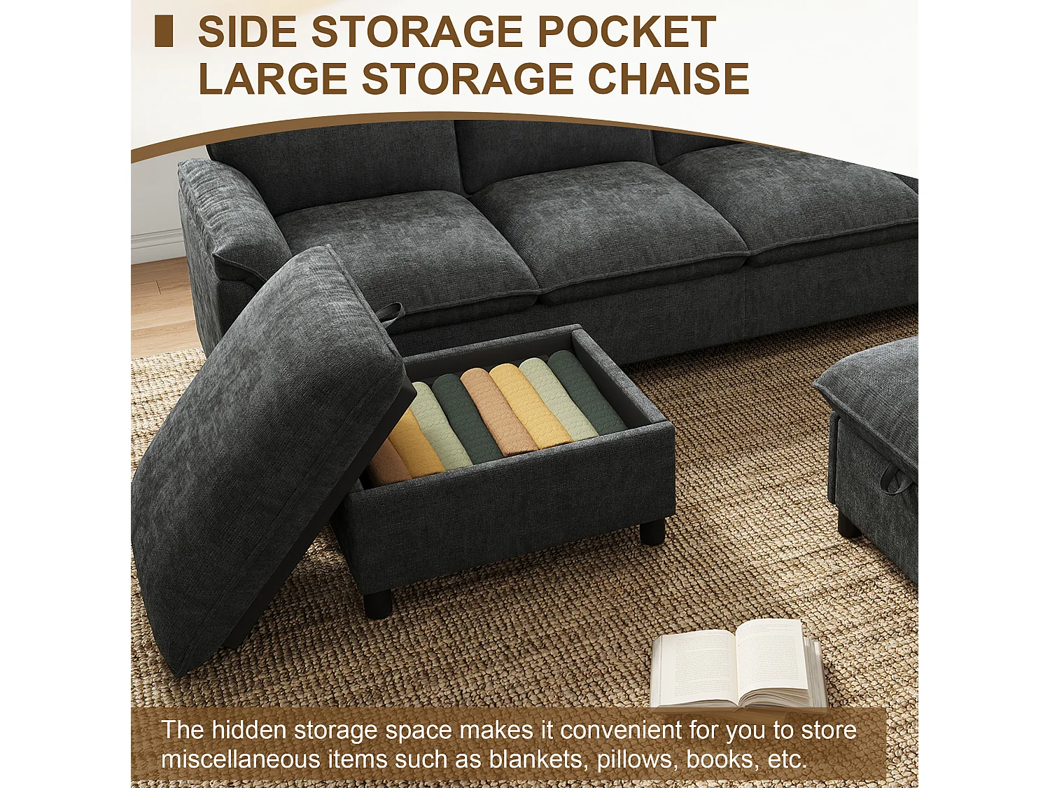 Canapé d’angle modulable en U 264,5x142,5x84 cm, 2 poufs mobiles, assise profonde, dossier haut, gris, chenille