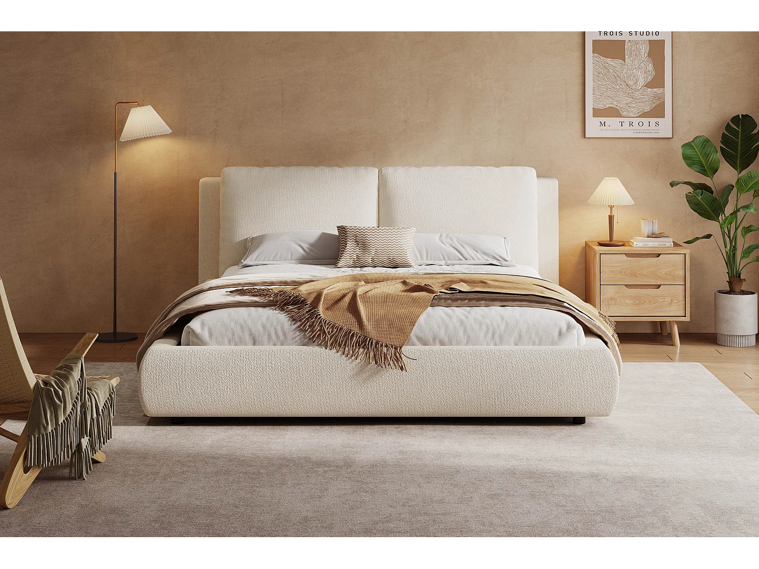Lit coffre rembourré 160x200 cm, lit double hydraulique, sommier à lattes, tête de lit rembourrée, grand rangement, beige, bouclé