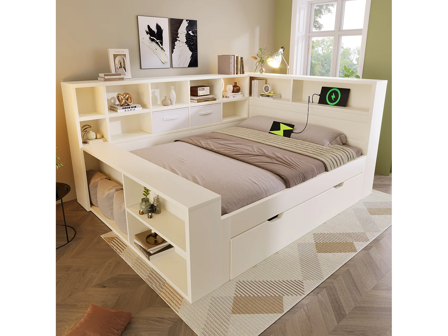 Lit Banquette en bois 140x200 cm, lit gigogne, ports USB/Type-C, daybed avec rangement, pin et panneau de particules, blanc