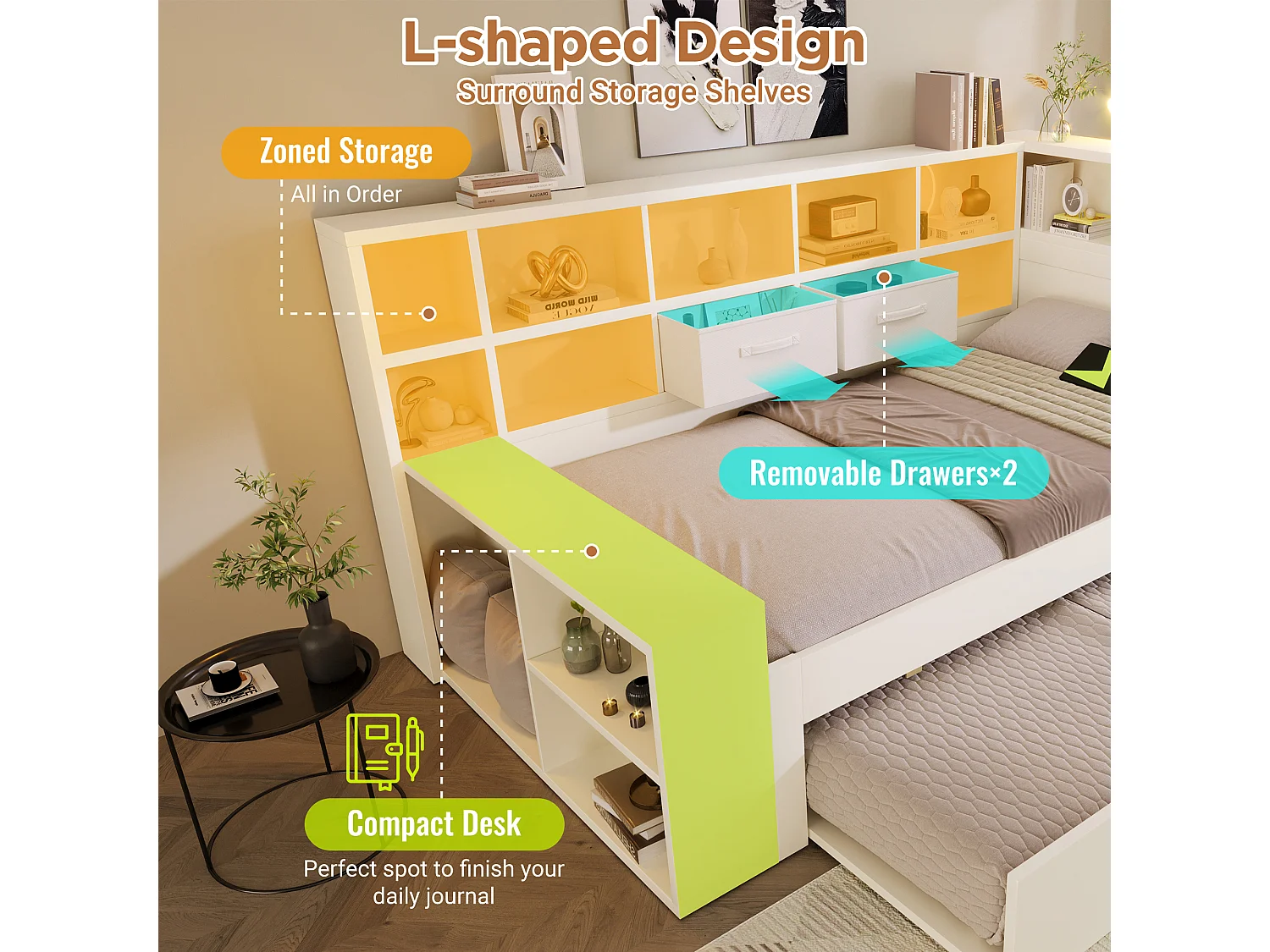 Lit Banquette en bois 140x200 cm, lit gigogne, ports USB/Type-C, daybed avec rangement, pin et panneau de particules, blanc