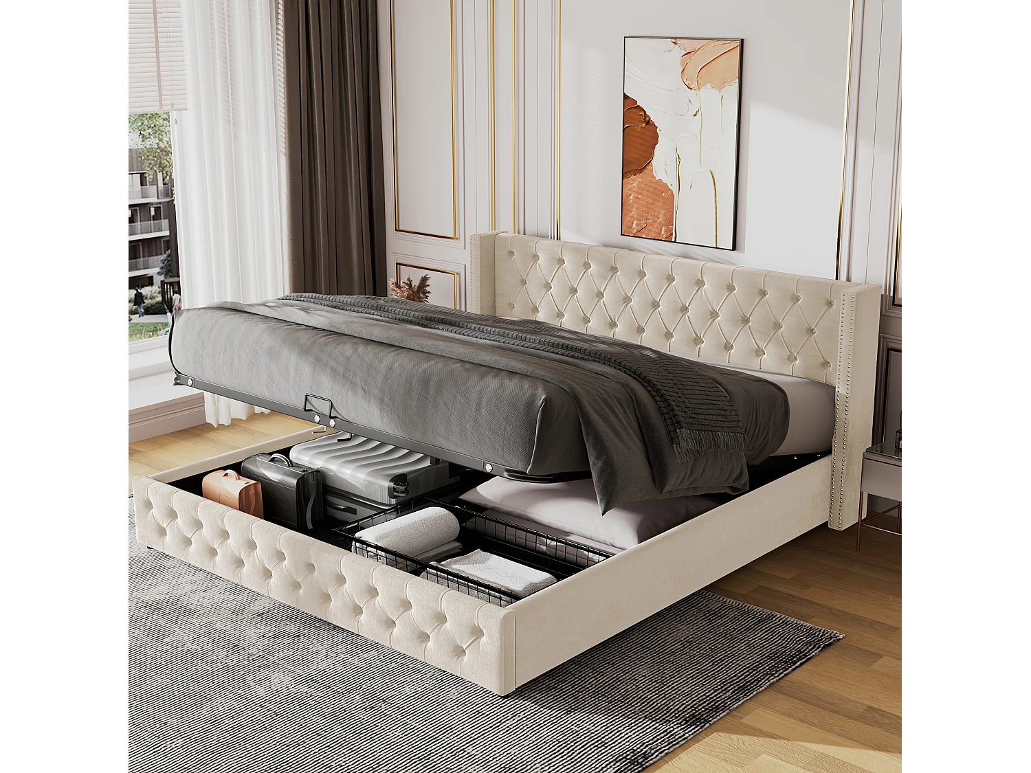 Lit coffre 160x200 cm en velours beige avec tête de lit à oreilles, capitonnage et double rangée de clous