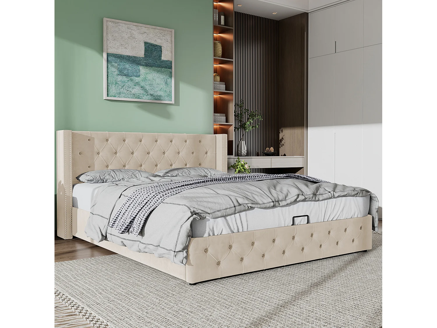 Lit coffre 160x200 cm en velours beige avec tête de lit à oreilles, capitonnage et double rangée de clous