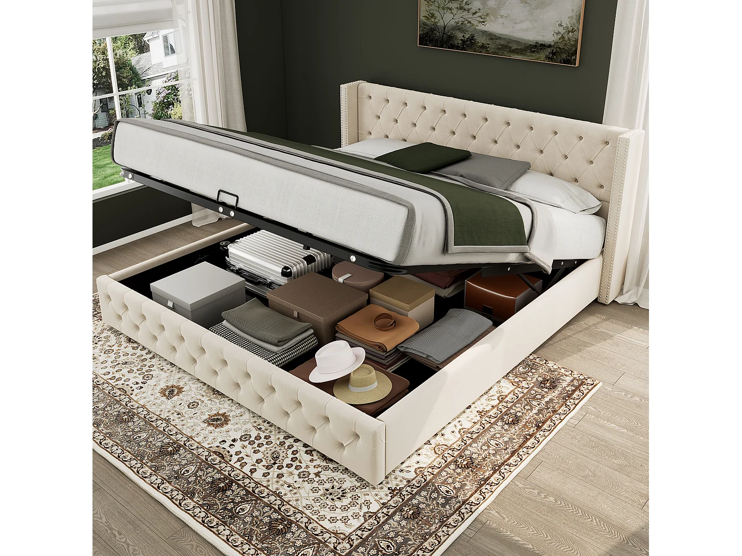 Lit coffre 160x200 cm en velours beige avec tête de lit à oreilles, capitonnage et double rangée de clous