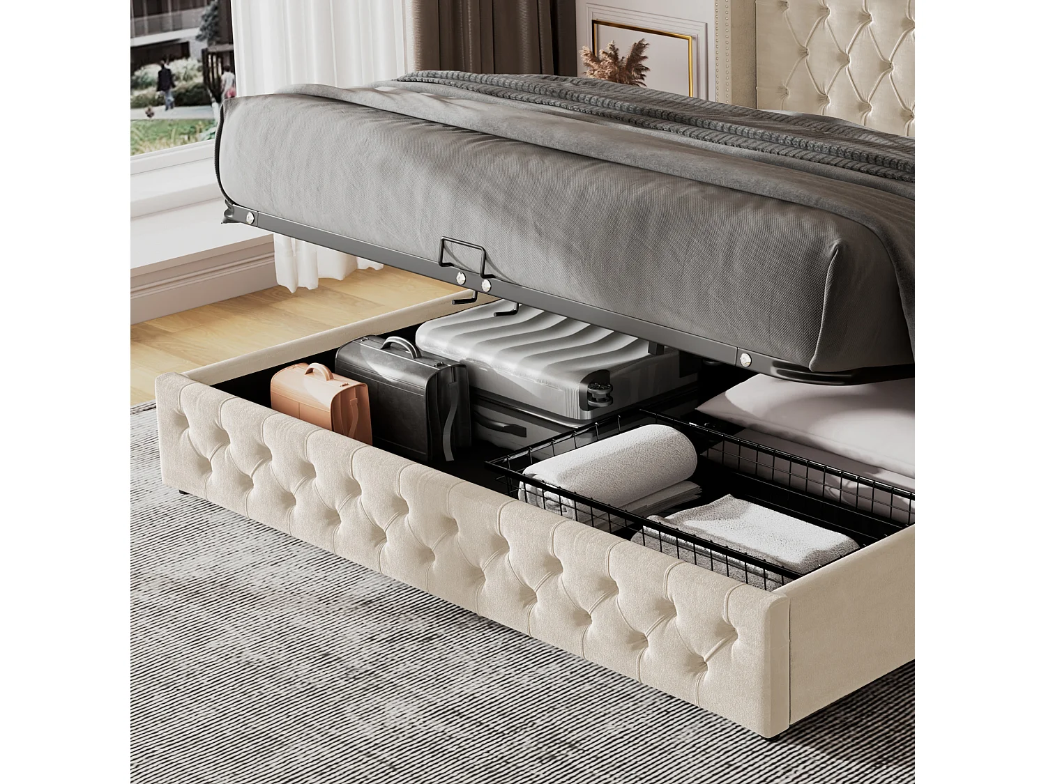 Lit coffre 160x200 cm en velours beige avec tête de lit à oreilles, capitonnage et double rangée de clous