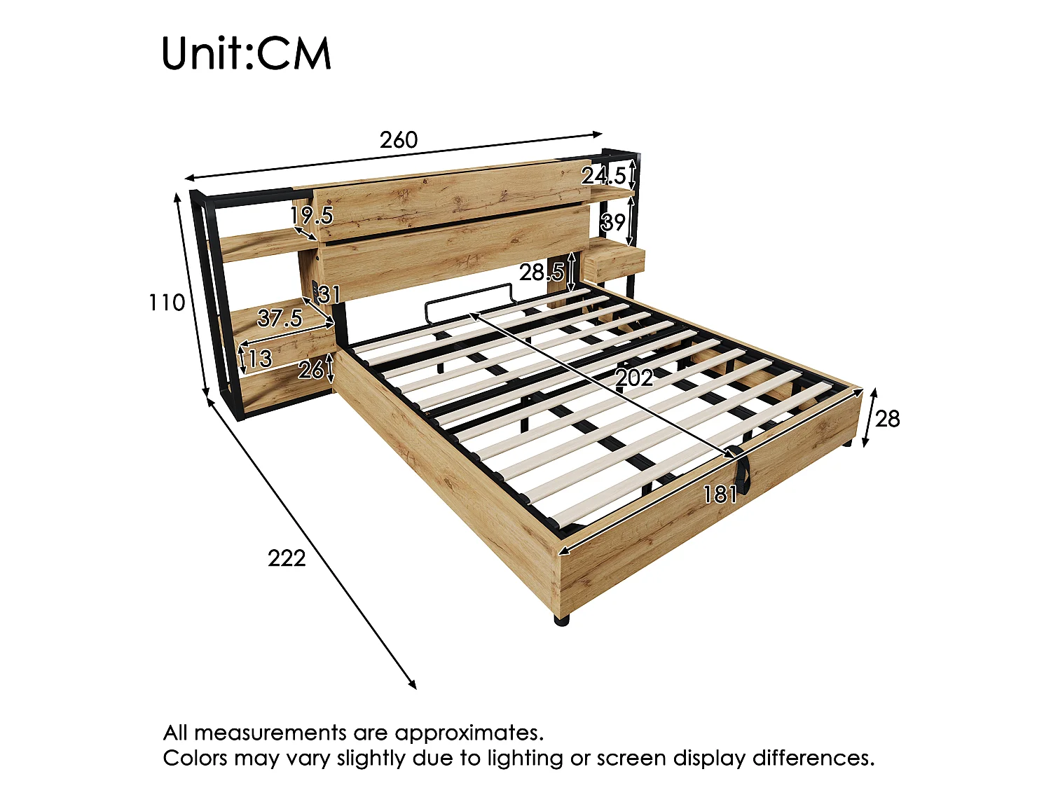 Lit coffre en bois 180x200 cm, tête de lit avec tiroirs et ports USB/Type-C, lit double hydraulique, effet chêne