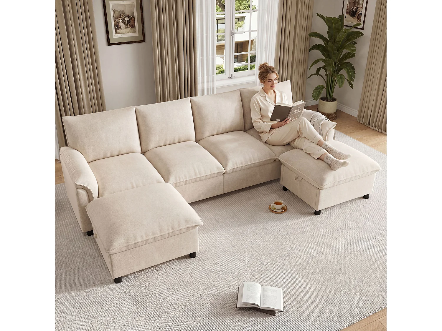 Canapé d’angle modulable en U 264,5x142,5x84 cm, 2 poufs mobiles, assise profonde, dossier haut, beige, chenille