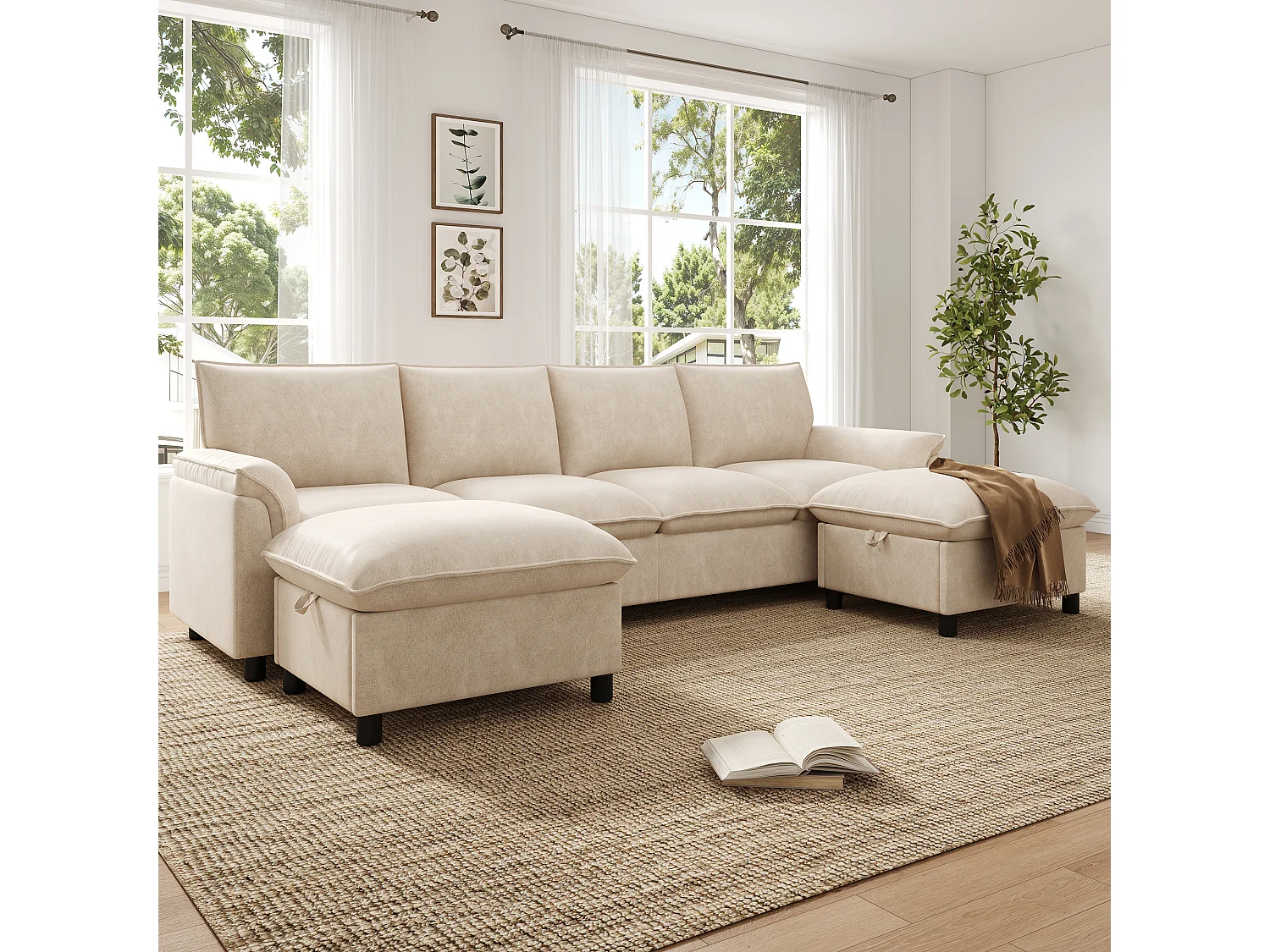 Canapé d’angle modulable en U 264,5x142,5x84 cm, 2 poufs mobiles, assise profonde, dossier haut, beige, chenille